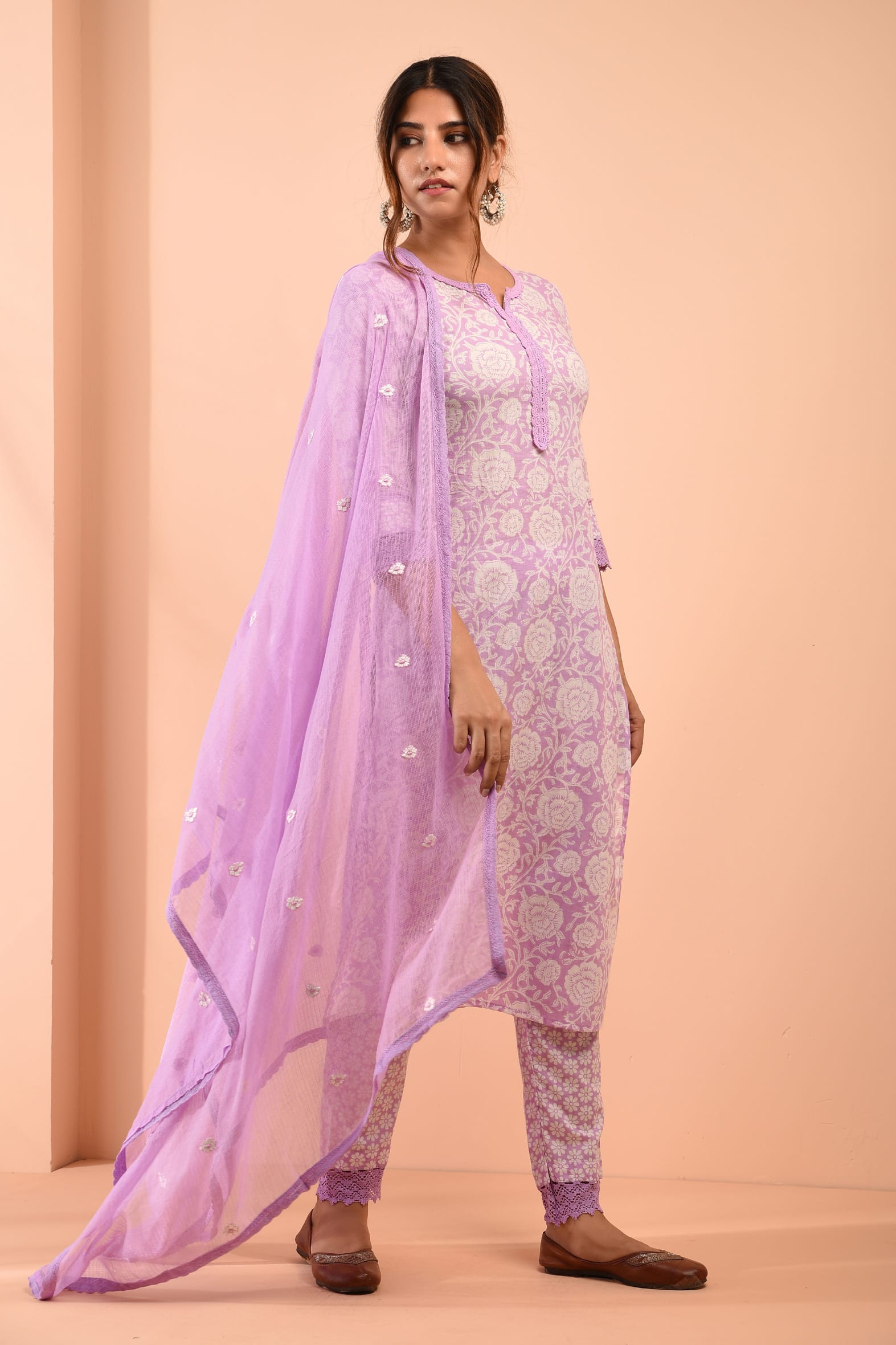 Block Printed White Purple Cotton Suit with Embroidered Kota Doriya Dupatta