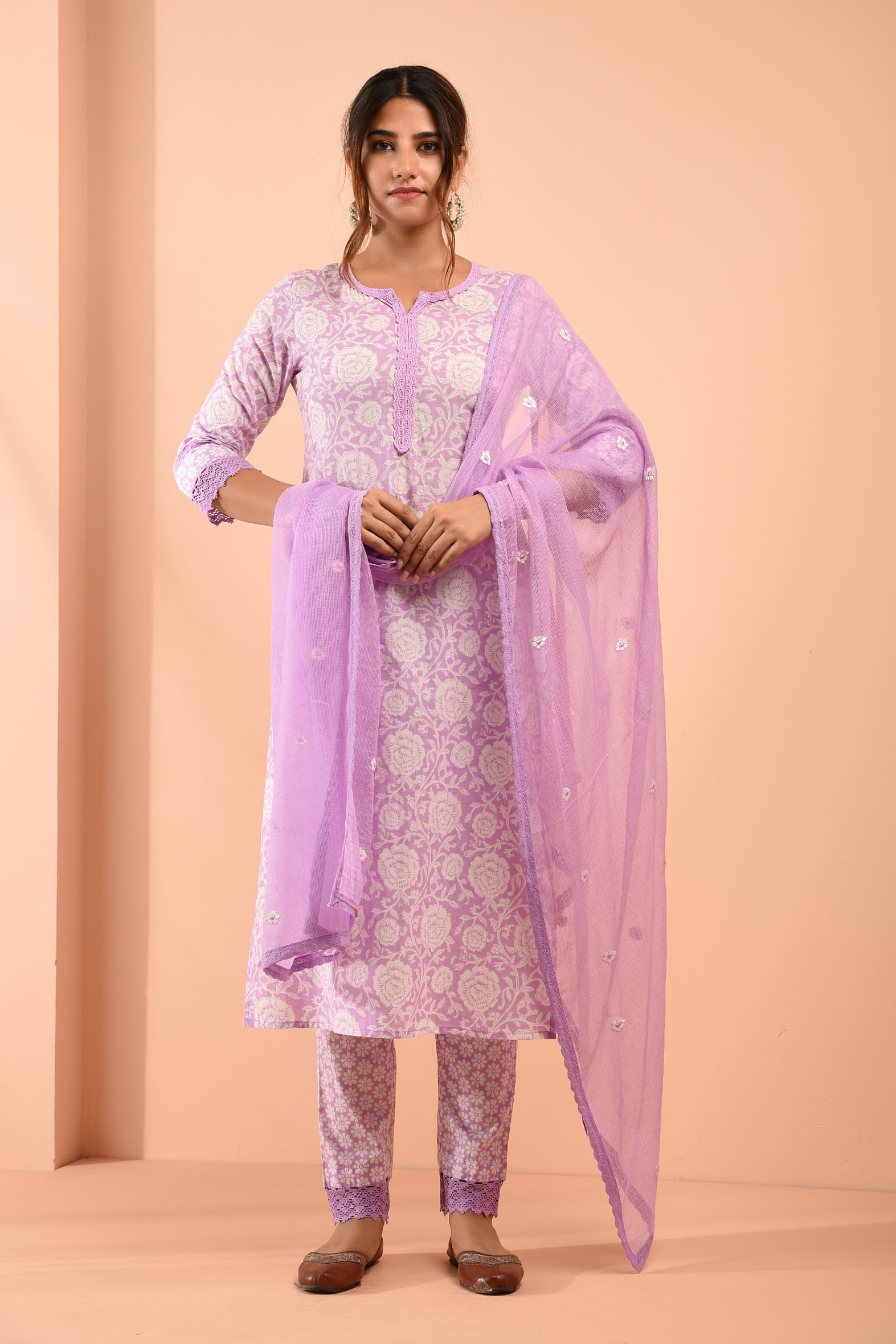 Block Printed White Purple Cotton Suit with Embroidered Kota Doriya Dupatta