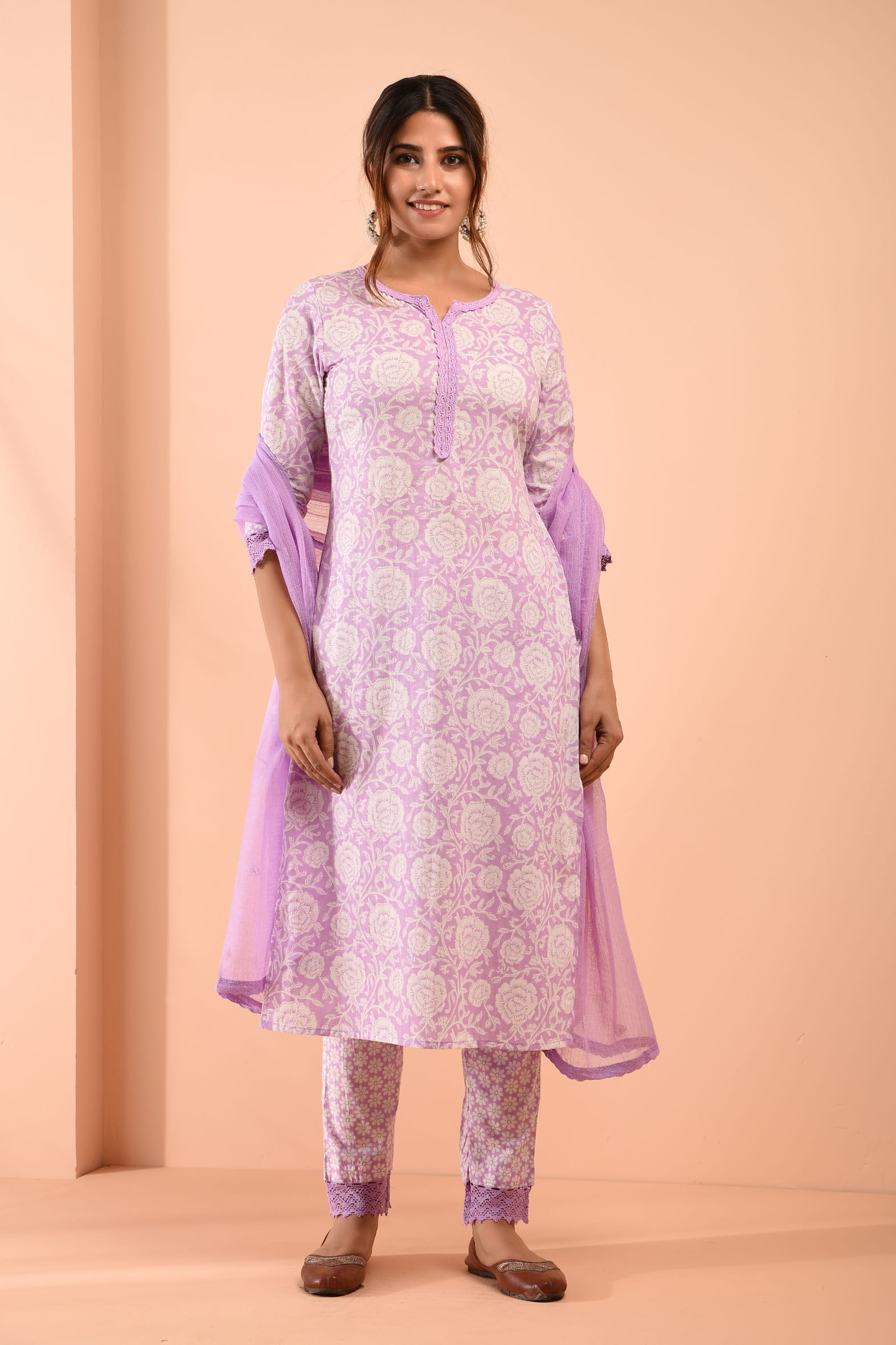 Block Printed White Purple Cotton Suit with Embroidered Kota Doriya Dupatta