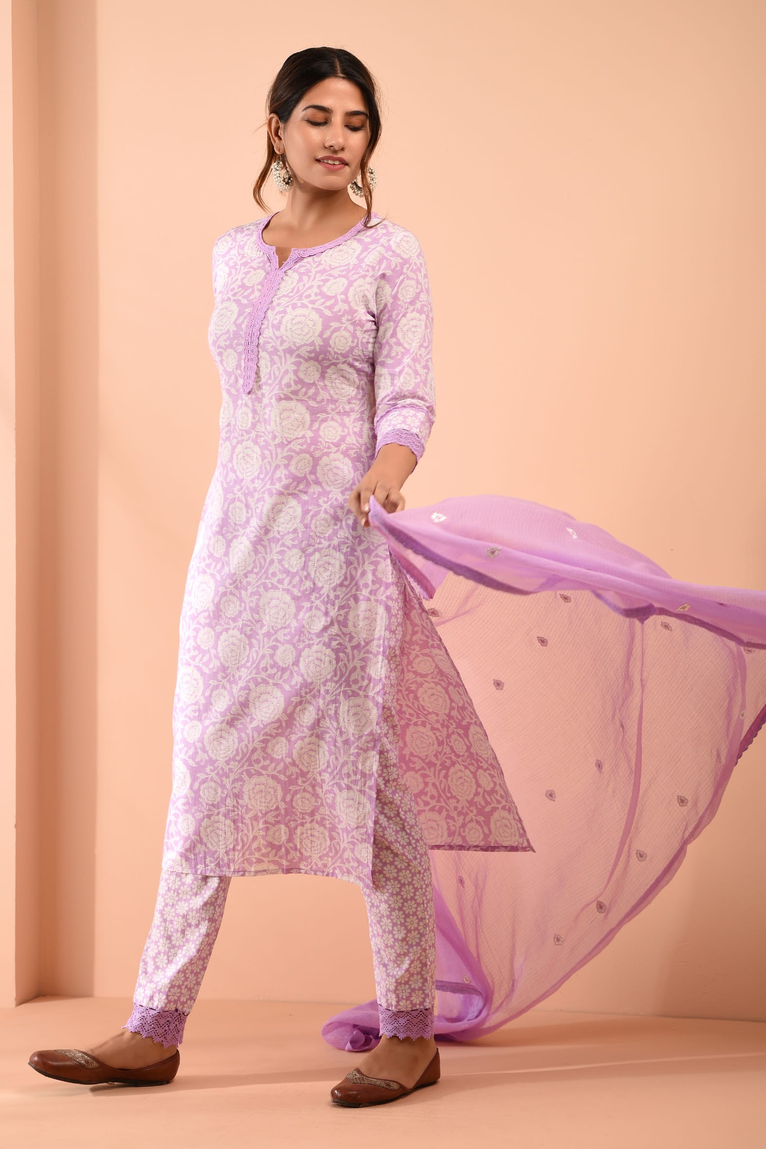 Block Printed White Purple Cotton Suit with Embroidered Kota Doriya Dupatta