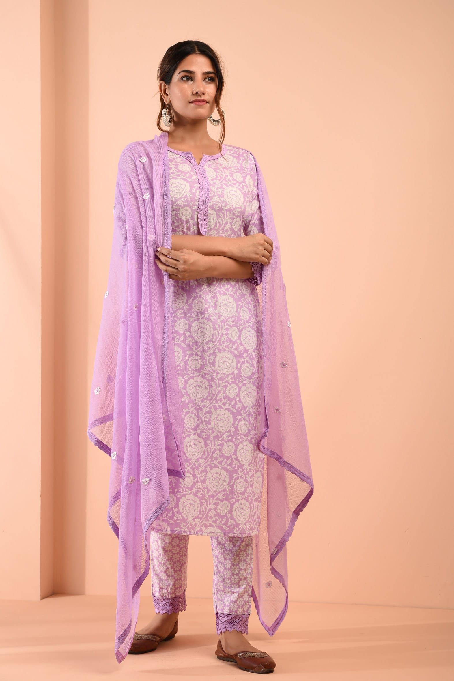 Block Printed White Purple Cotton Suit with Embroidered Kota Doriya Dupatta