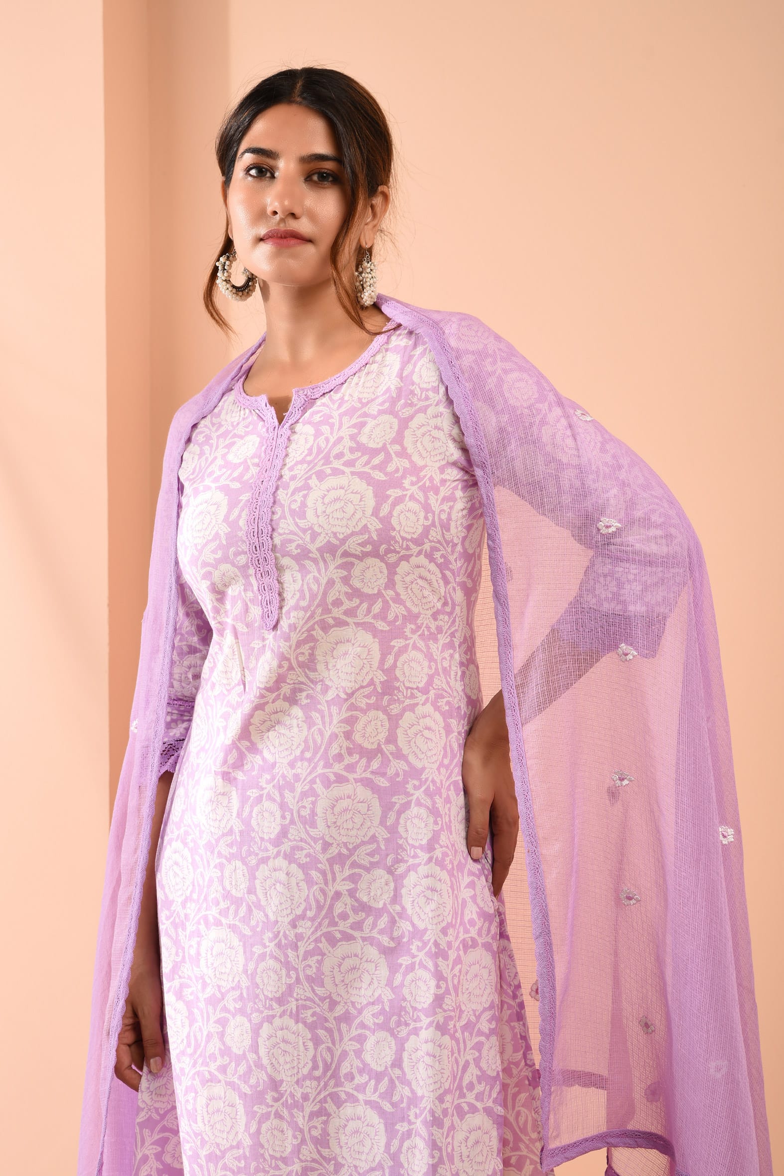 Block Printed White Purple Cotton Suit with Embroidered Kota Doriya Dupatta