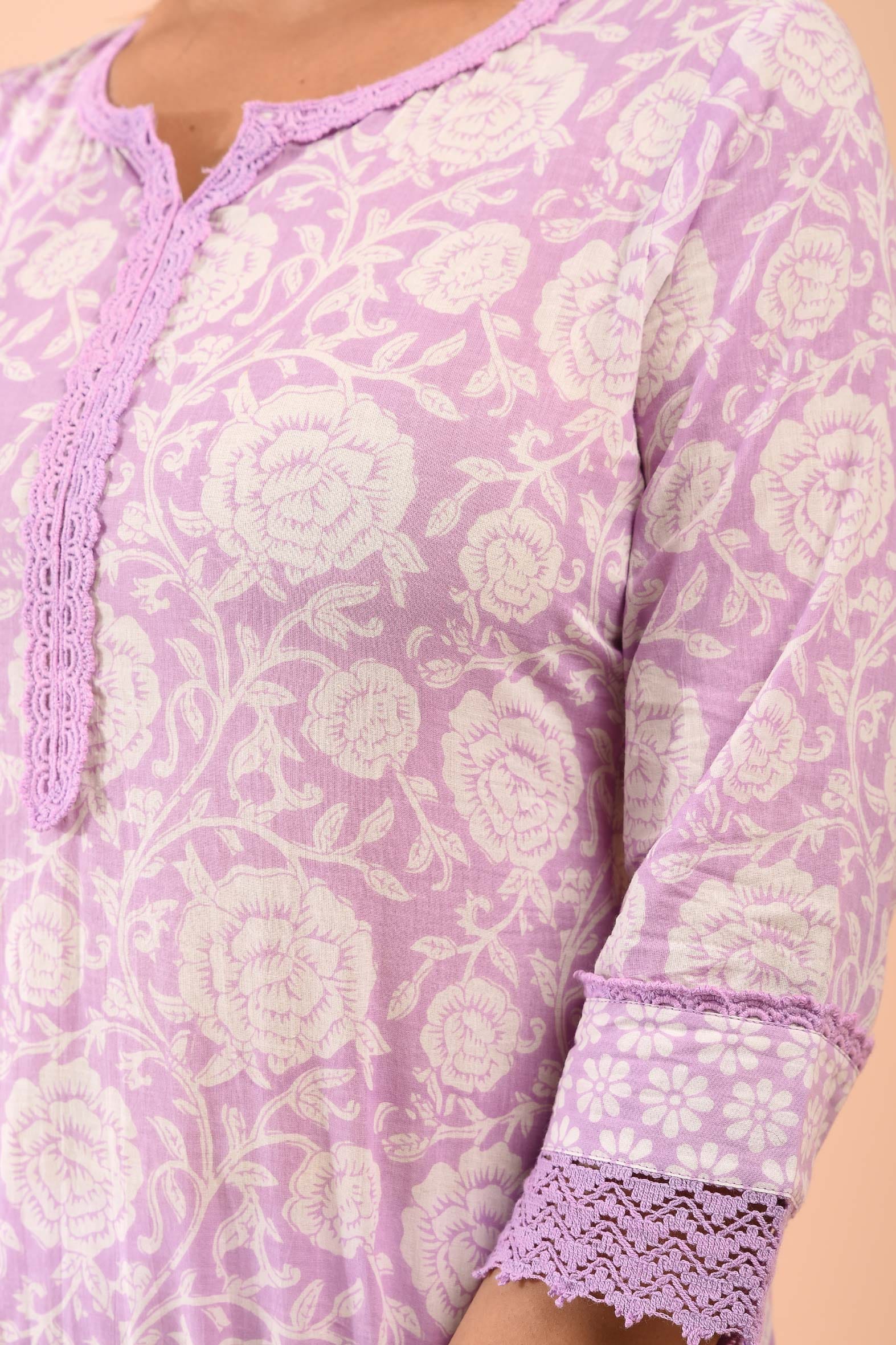 Block Printed White Purple Cotton Suit with Embroidered Kota Doriya Dupatta