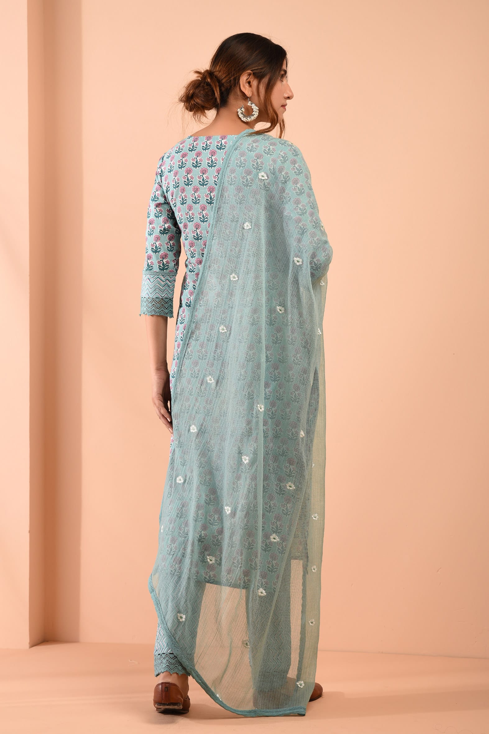 Block Printed Sea Green Cotton Suit with Embroidered Kota Doriya Dupatta