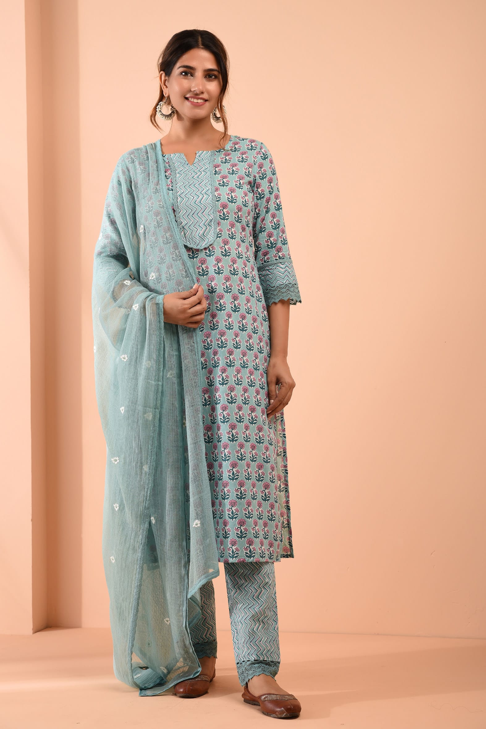 Block Printed Sea Green Cotton Suit with Embroidered Kota Doriya Dupatta