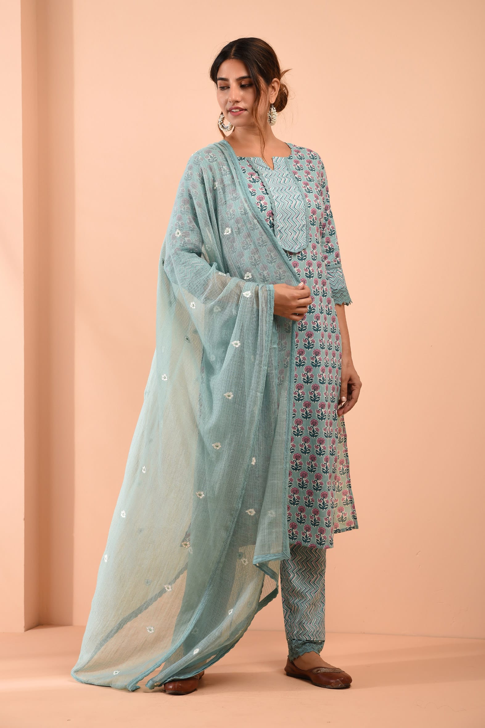 Block Printed Sea Green Cotton Suit with Embroidered Kota Doriya Dupatta