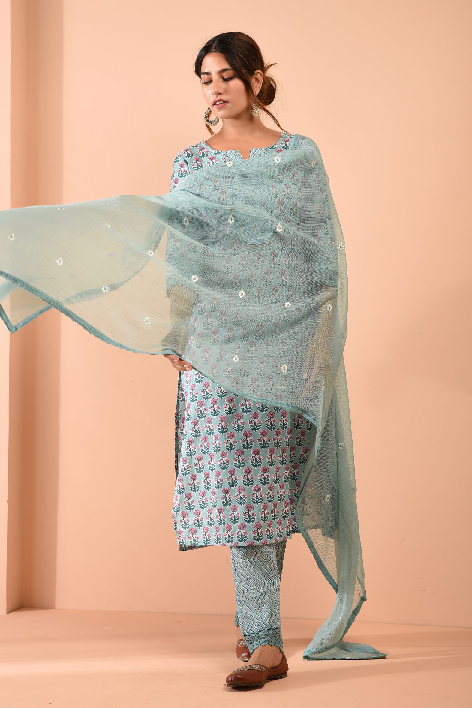 Block Printed Sea Green Cotton Suit with Embroidered Kota Doriya Dupatta