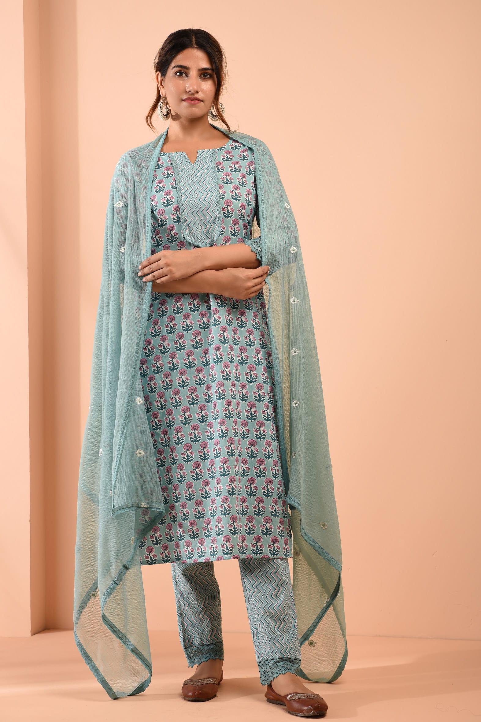 Block Printed Sea Green Cotton Suit with Embroidered Kota Doriya Dupatta