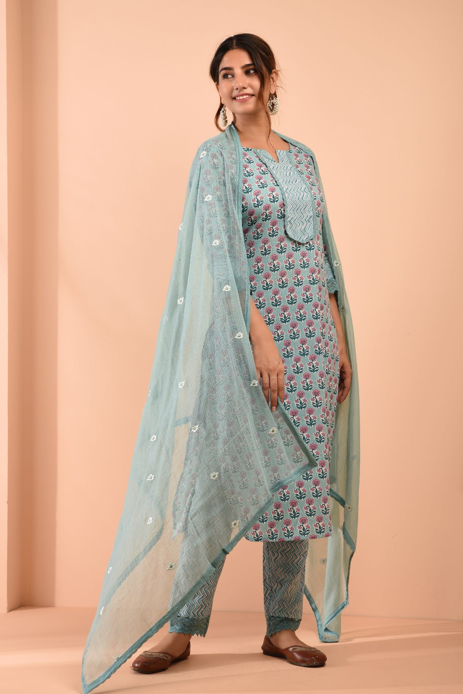 Block Printed Sea Green Cotton Suit with Embroidered Kota Doriya Dupatta