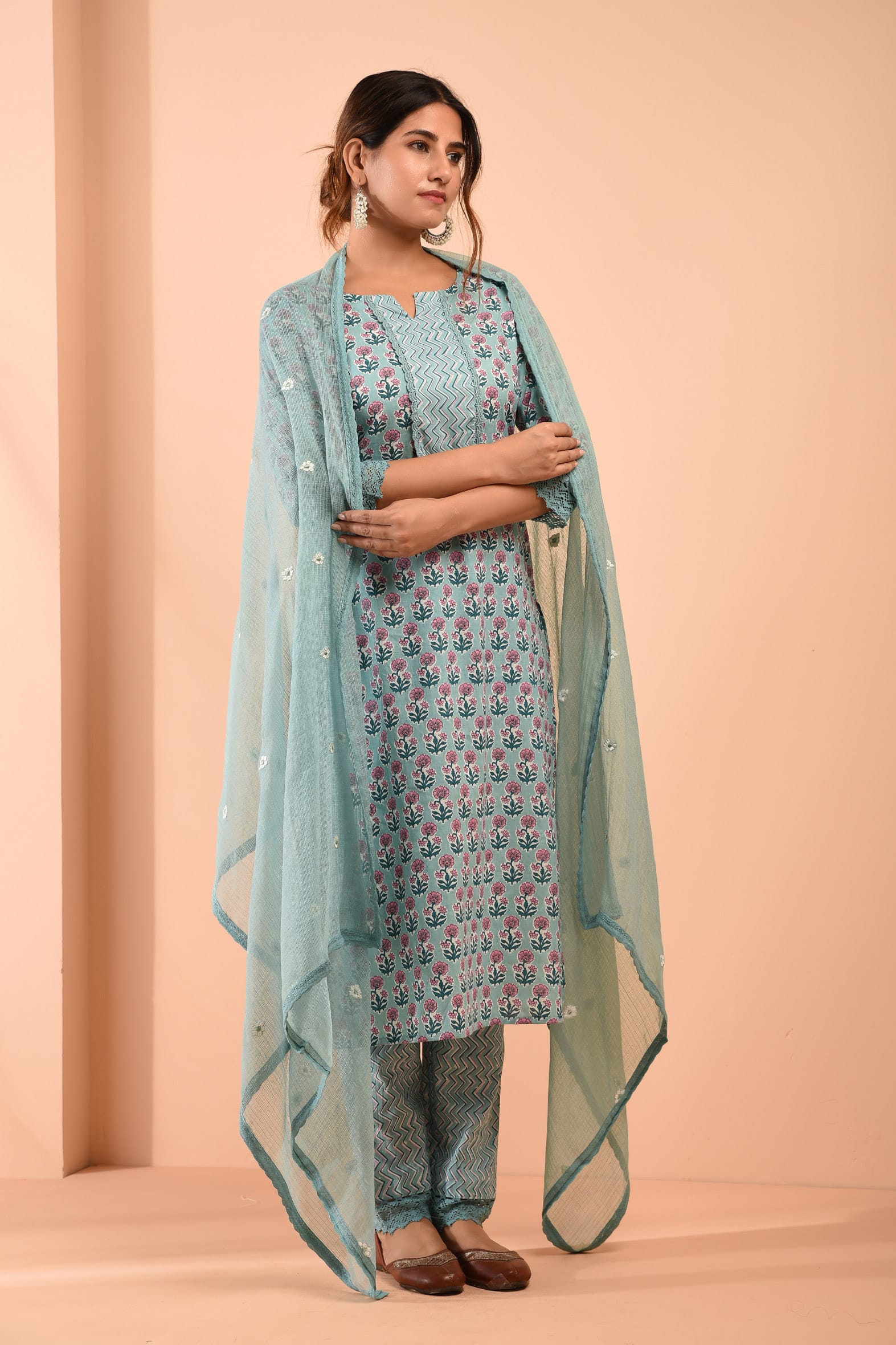 Block Printed Sea Green Cotton Suit with Embroidered Kota Doriya Dupatta