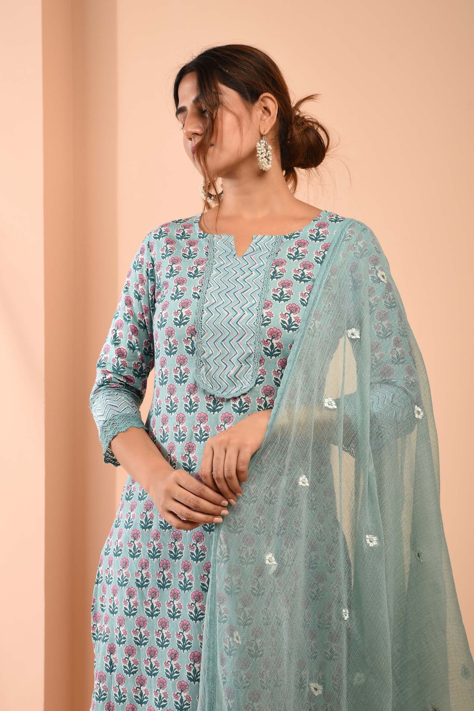 Block Printed Sea Green Cotton Suit with Embroidered Kota Doriya Dupatta