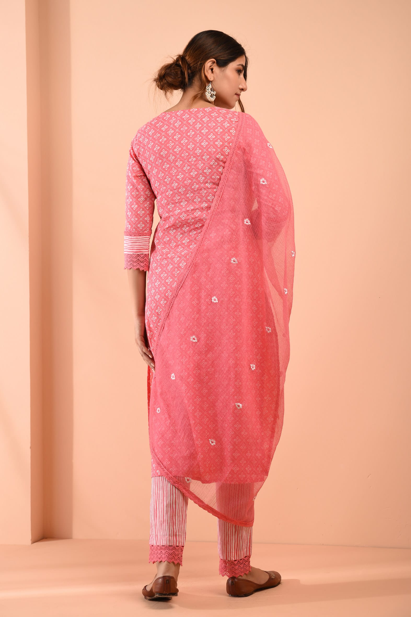 Block Printed Pink Cotton Suit with Embroidered Kota Doriya Dupatta