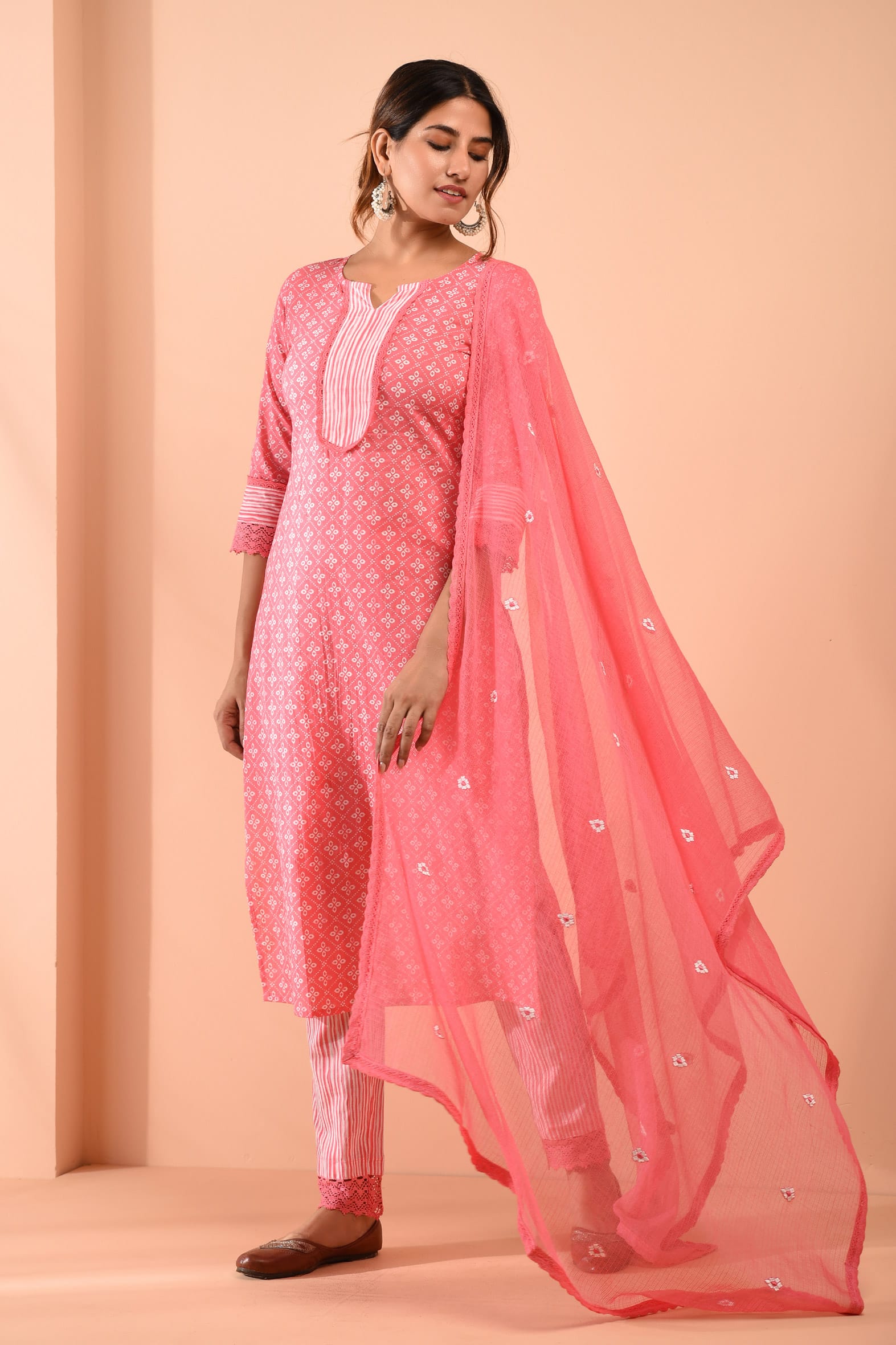 Block Printed Pink Cotton Suit with Embroidered Kota Doriya Dupatta