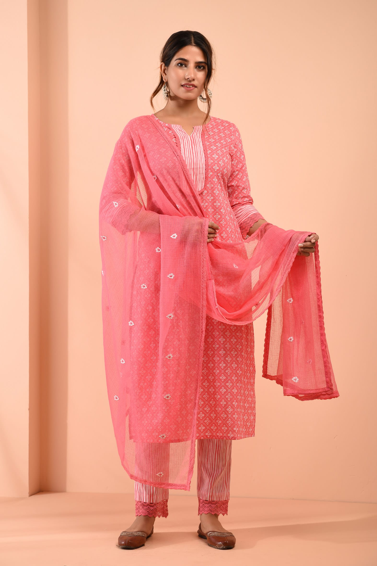 Block Printed Pink Cotton Suit with Embroidered Kota Doriya Dupatta