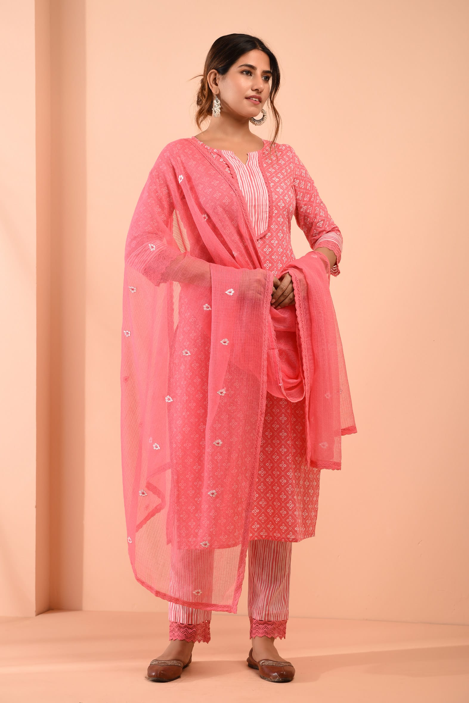 Block Printed Pink Cotton Suit with Embroidered Kota Doriya Dupatta