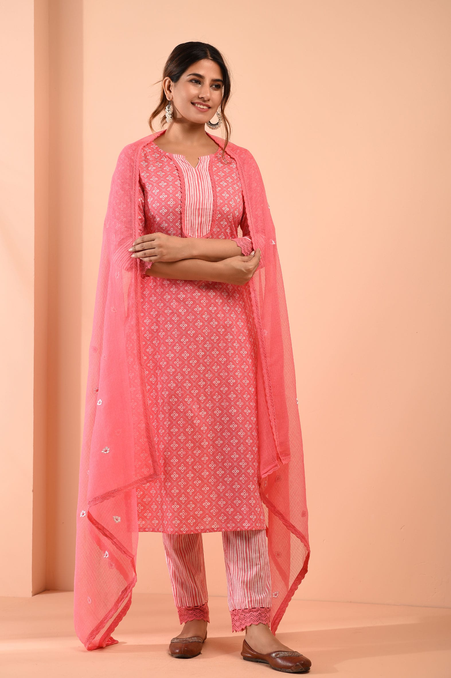 Block Printed Pink Cotton Suit with Embroidered Kota Doriya Dupatta