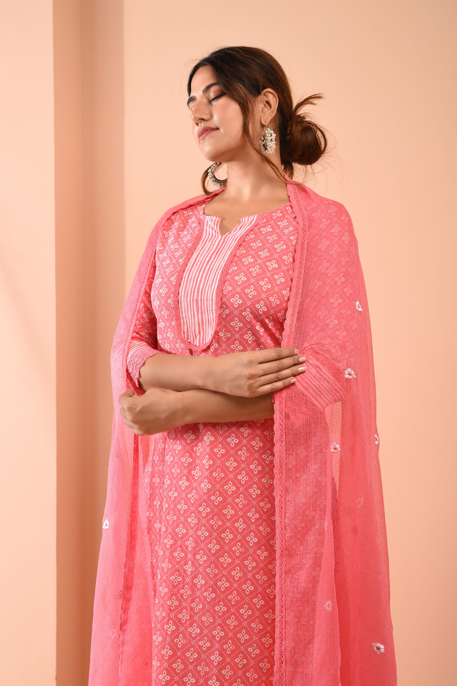 Block Printed Pink Cotton Suit with Embroidered Kota Doriya Dupatta