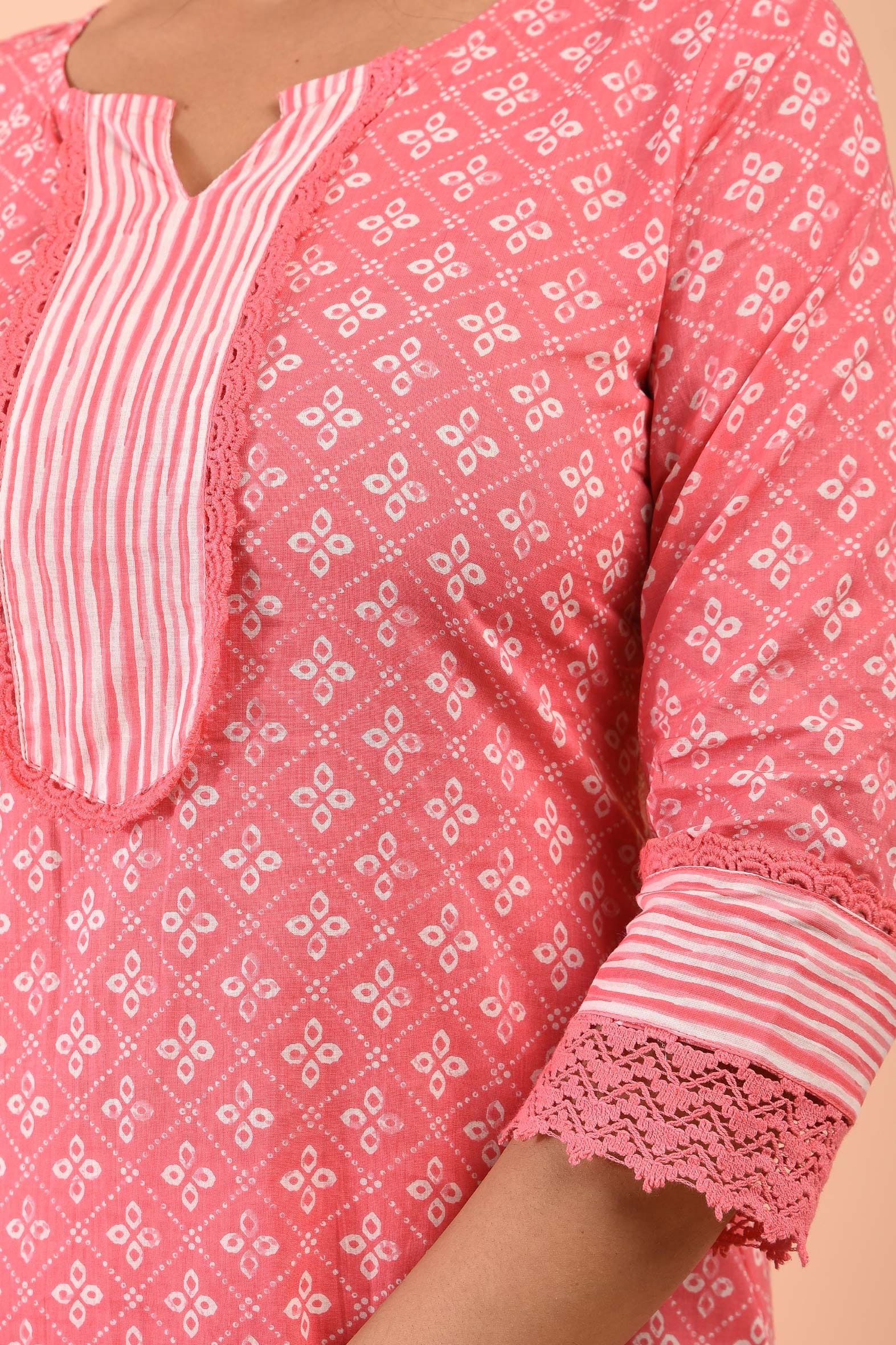 Block Printed Pink Cotton Suit with Embroidered Kota Doriya Dupatta