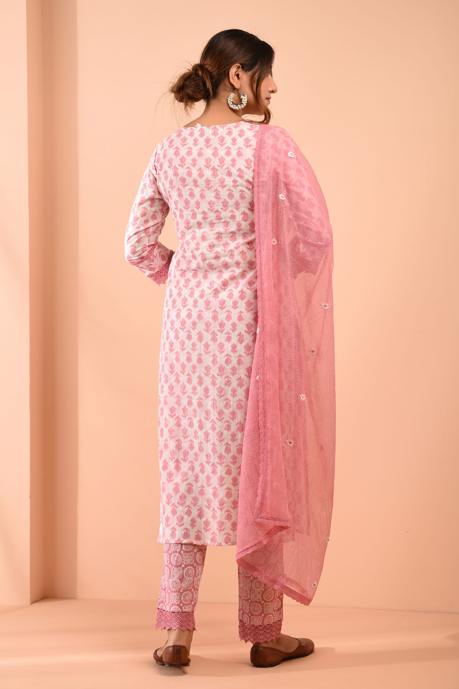 Hand Block Printed White Pink Cotton Suit with Embroidered Kota Doriya Dupatta