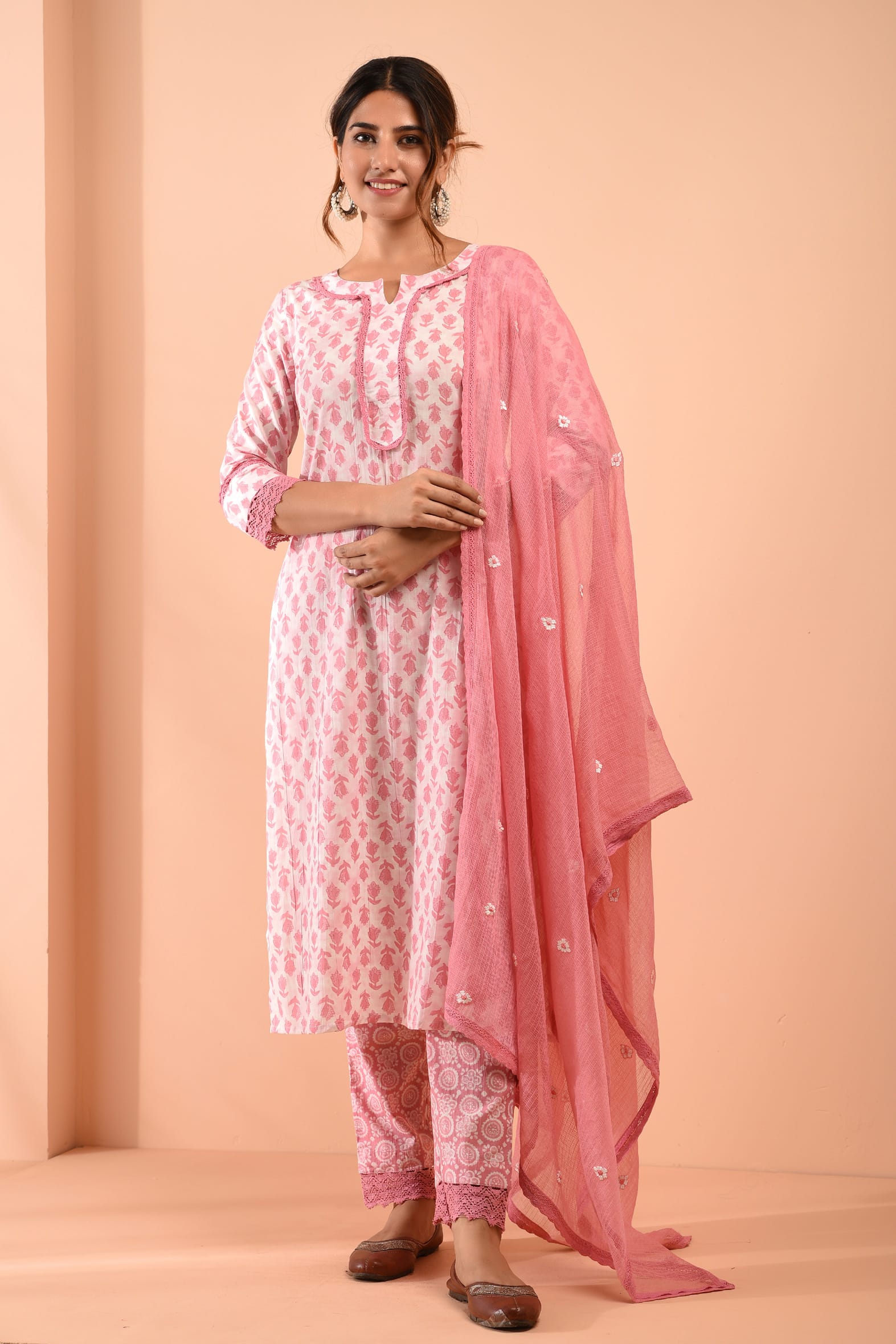 Hand Block Printed White Pink Cotton Suit with Embroidered Kota Doriya Dupatta