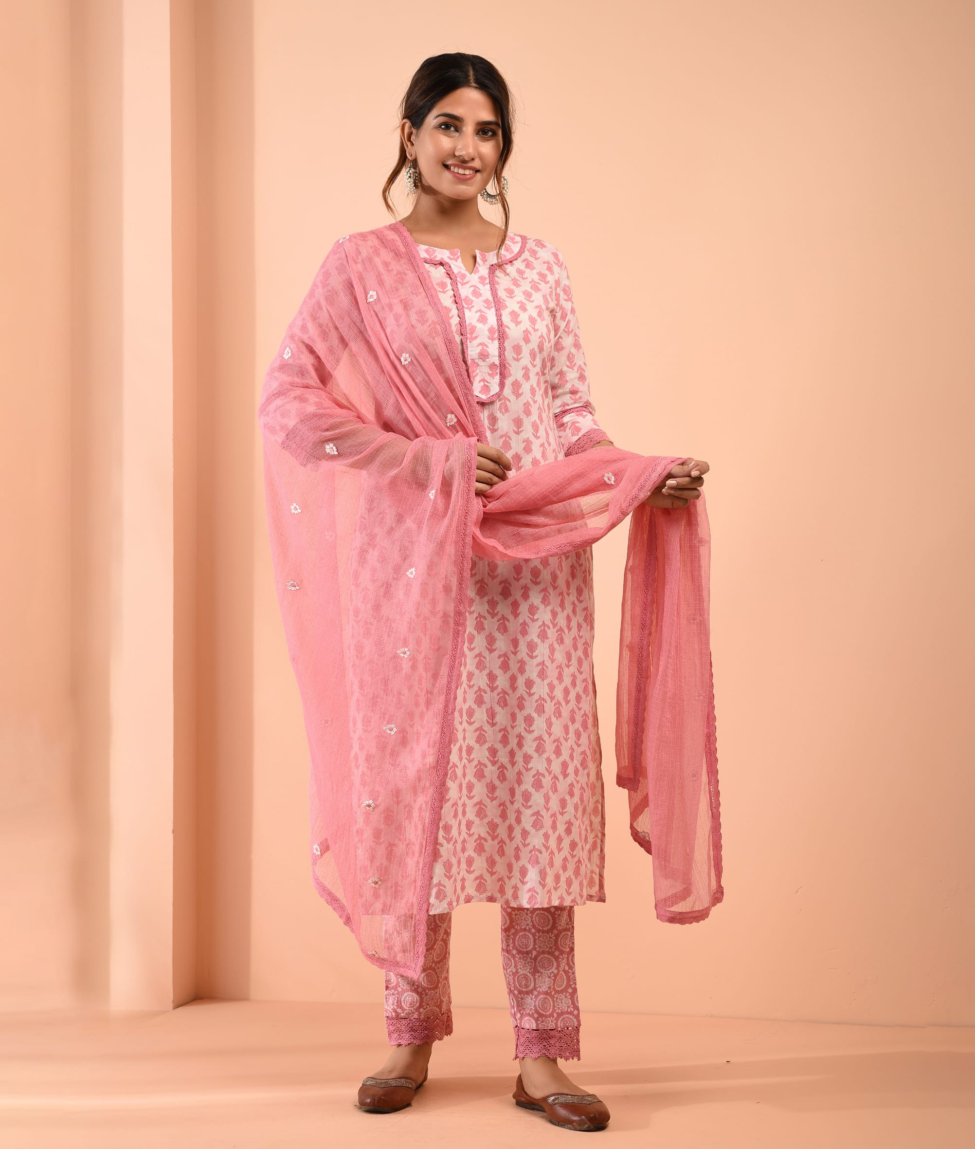 Hand Block Printed White Pink Cotton Suit with Embroidered Kota Doriya Dupatta