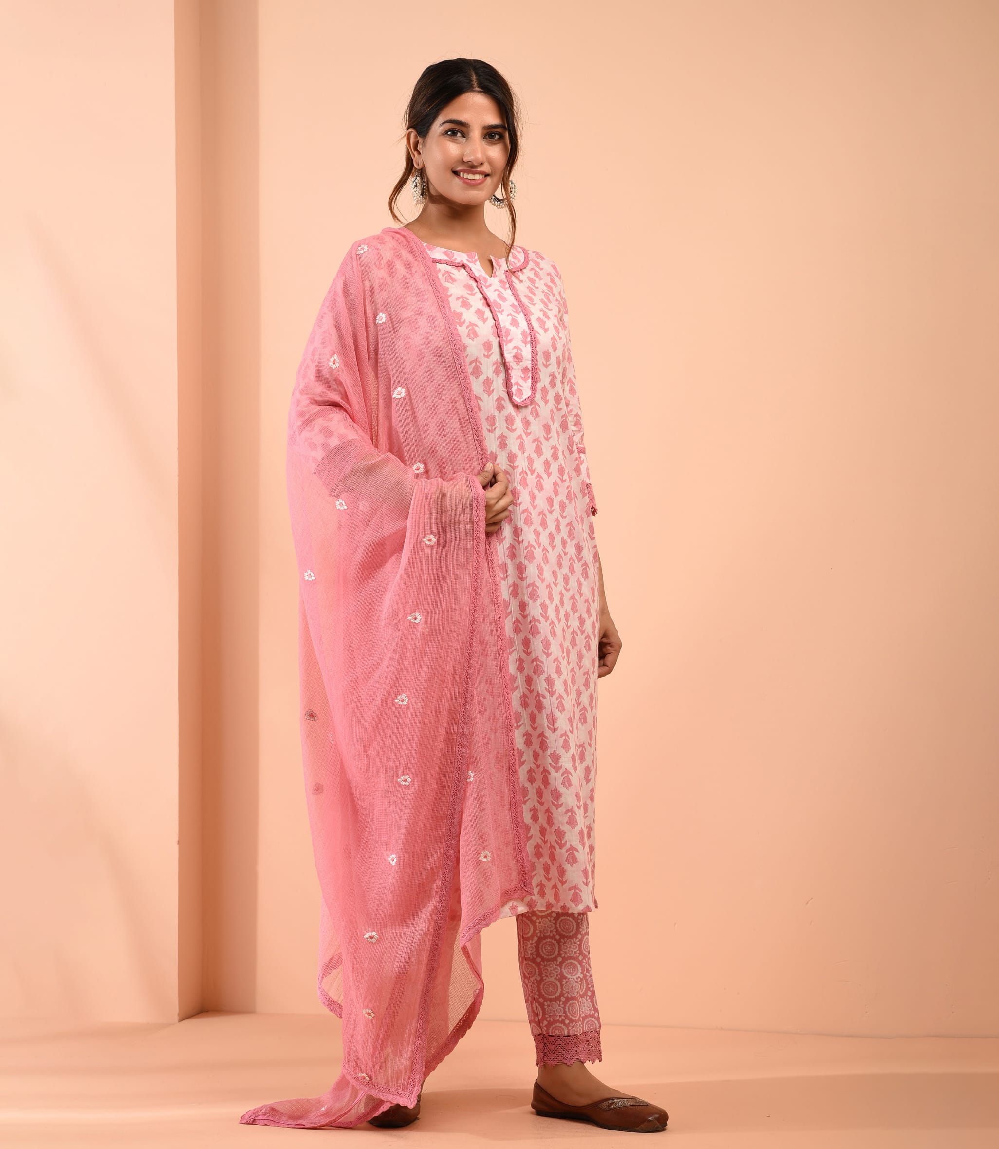 Hand Block Printed White Pink Cotton Suit with Embroidered Kota Doriya Dupatta