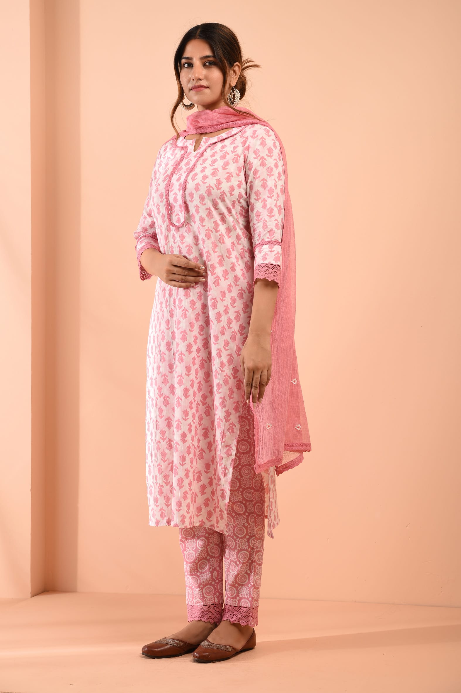 Hand Block Printed White Pink Cotton Suit with Embroidered Kota Doriya Dupatta