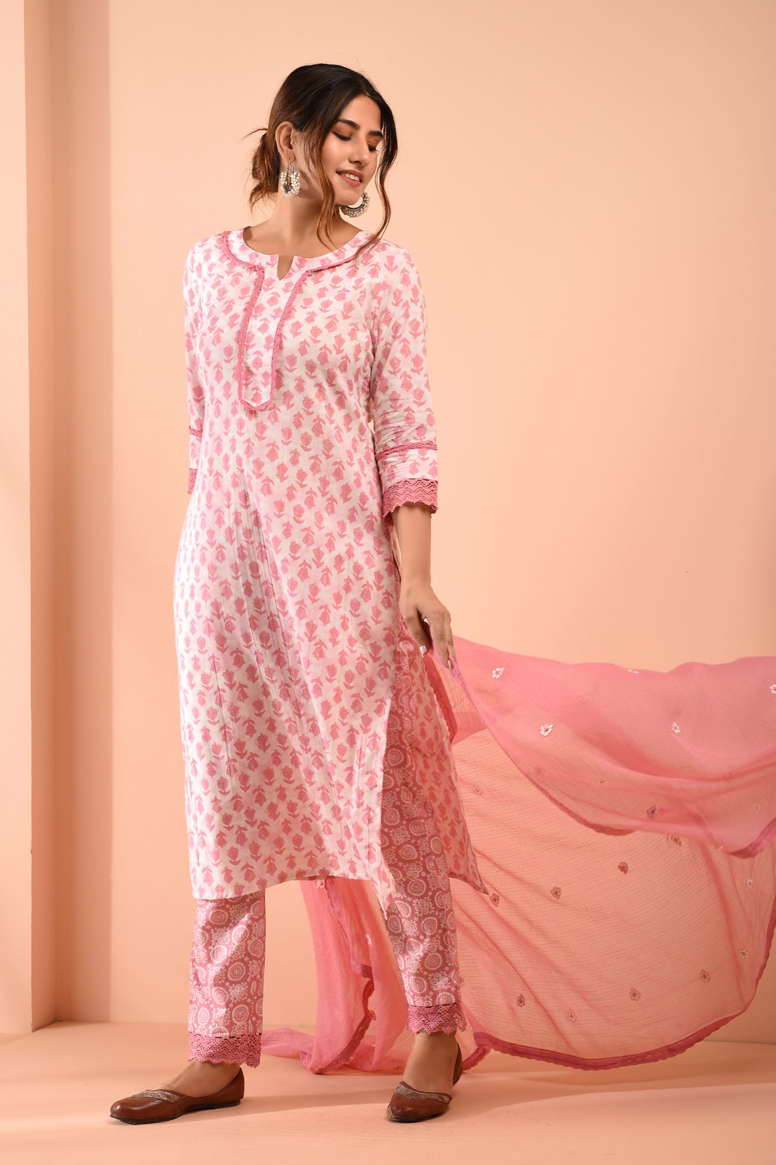 Hand Block Printed White Pink Cotton Suit with Embroidered Kota Doriya Dupatta