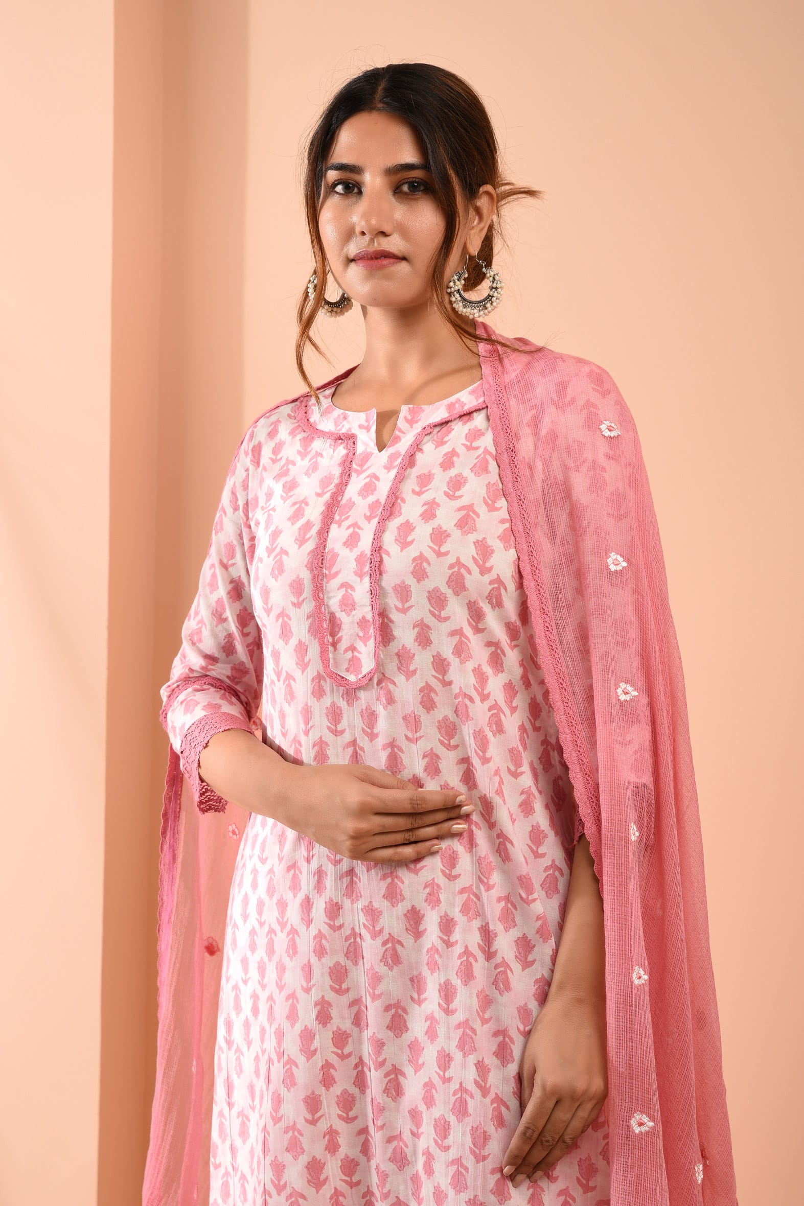 Hand Block Printed White Pink Cotton Suit with Embroidered Kota Doriya Dupatta