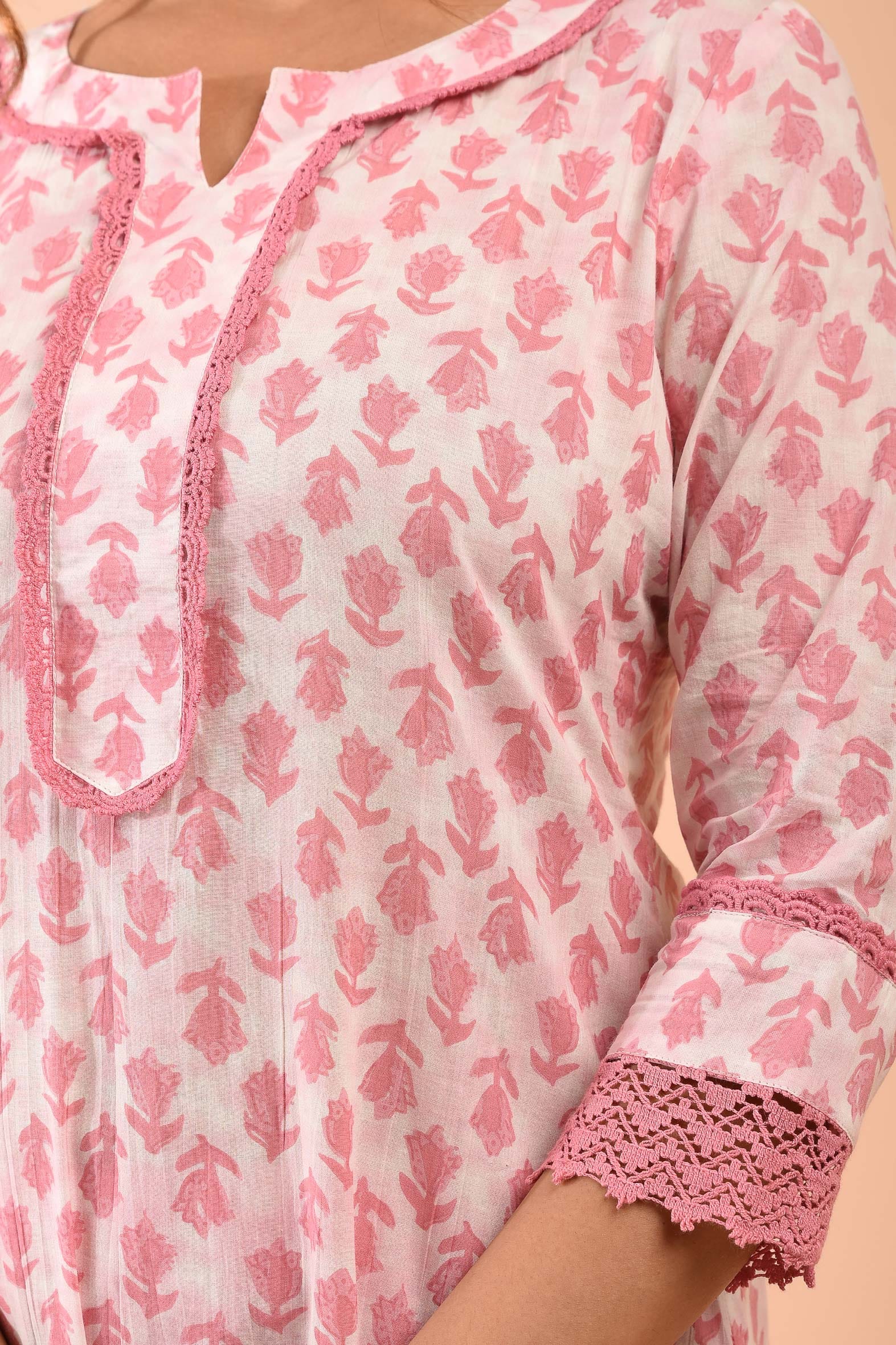 Hand Block Printed White Pink Cotton Suit with Embroidered Kota Doriya Dupatta