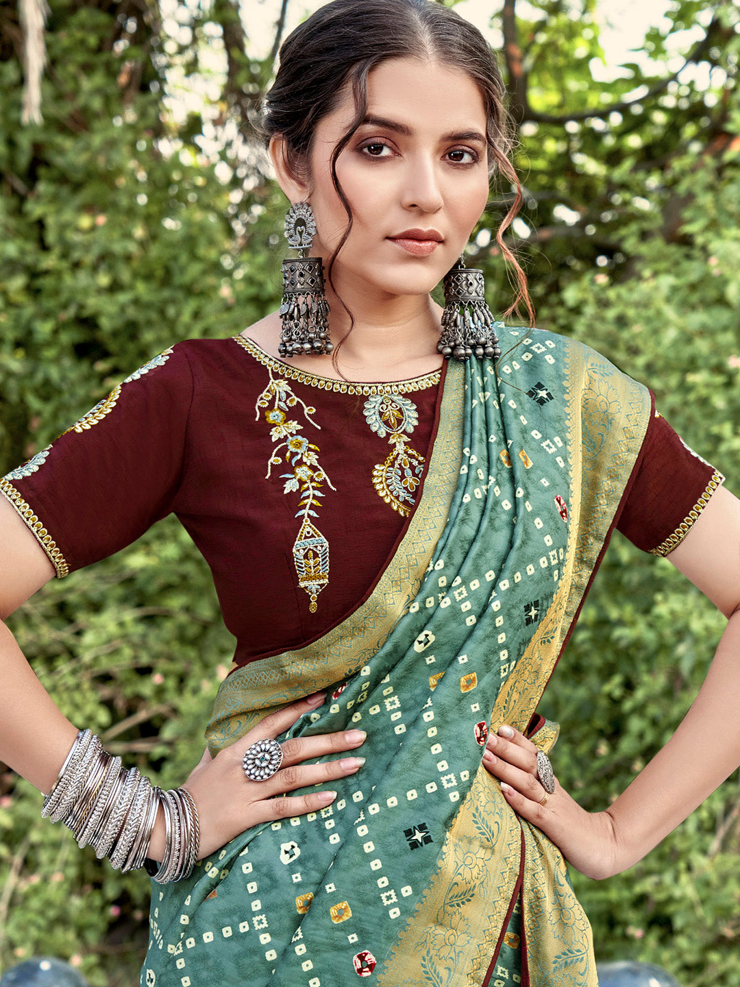 Soft Silk Sea Green Printed Designer Saree With Blouse