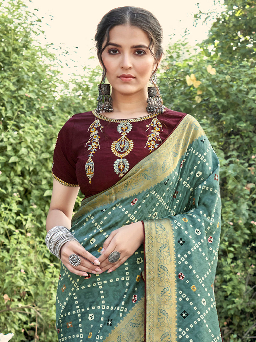 Soft Silk Sea Green Printed Designer Saree With Blouse