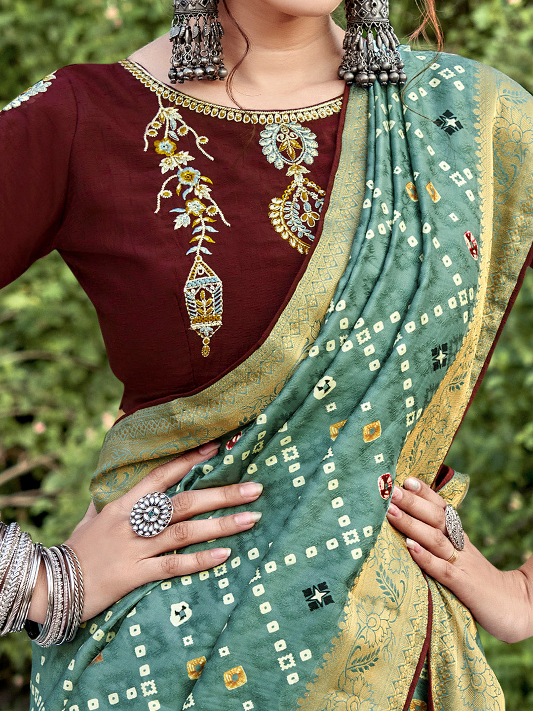 Soft Silk Sea Green Printed Designer Saree With Blouse