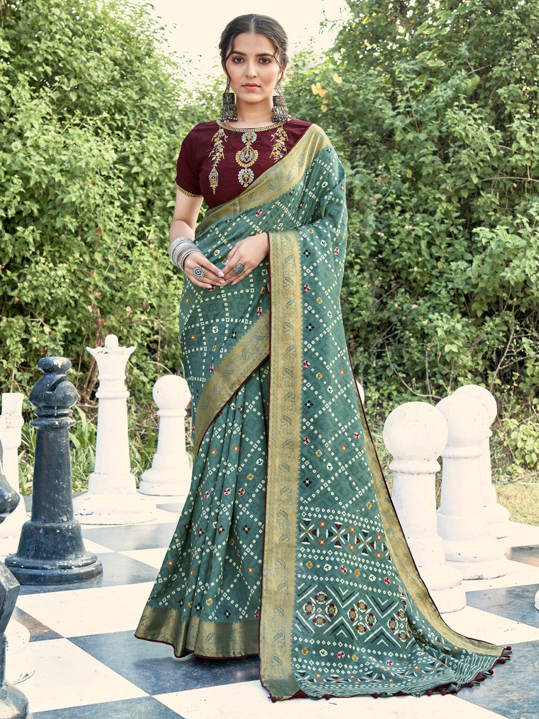 Soft Silk Sea Green Printed Designer Saree With Blouse