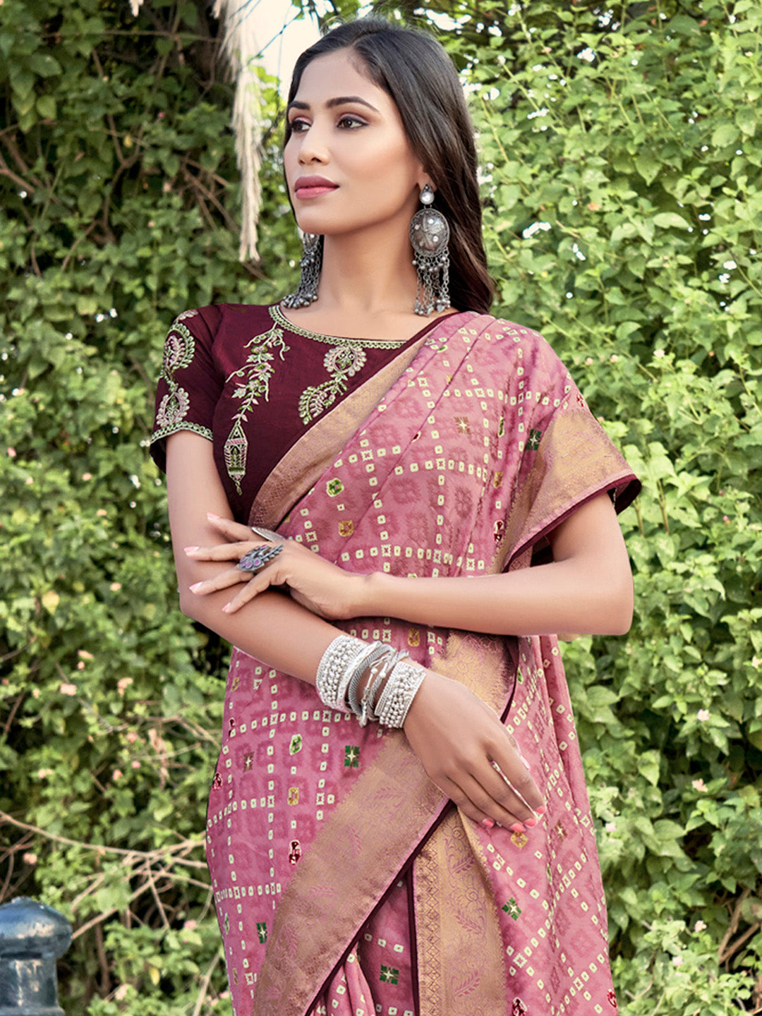 Soft Silk Pink Printed Designer Saree With Blouse