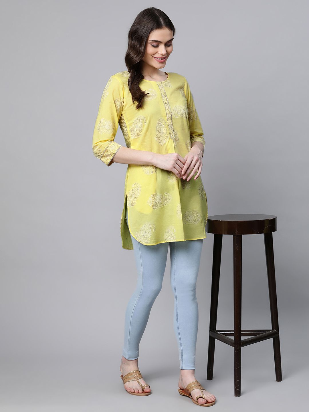 Yellow Pure Cotton Glitter Print Tunic