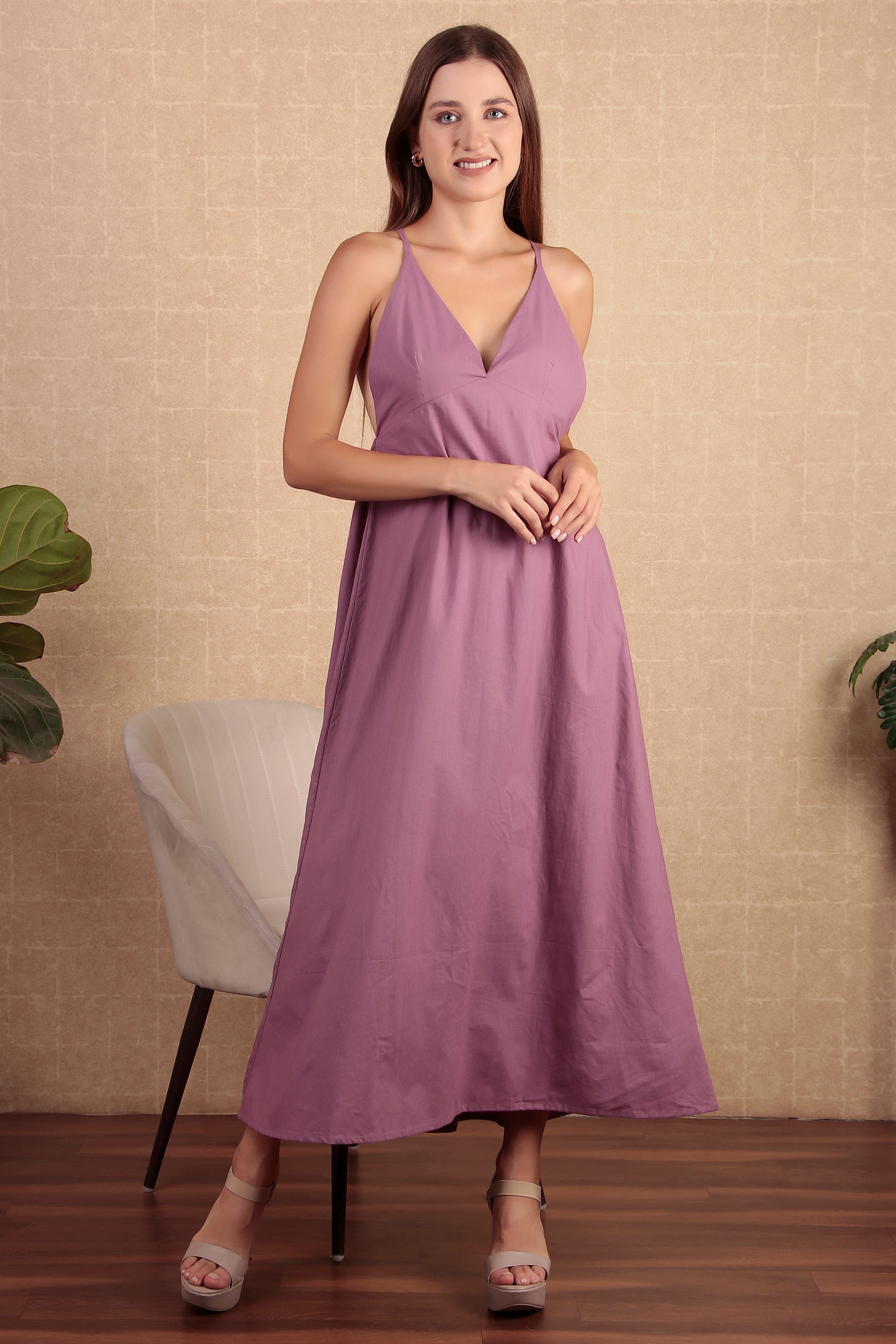 Lilac Backless Organic Cotton Dress For Women