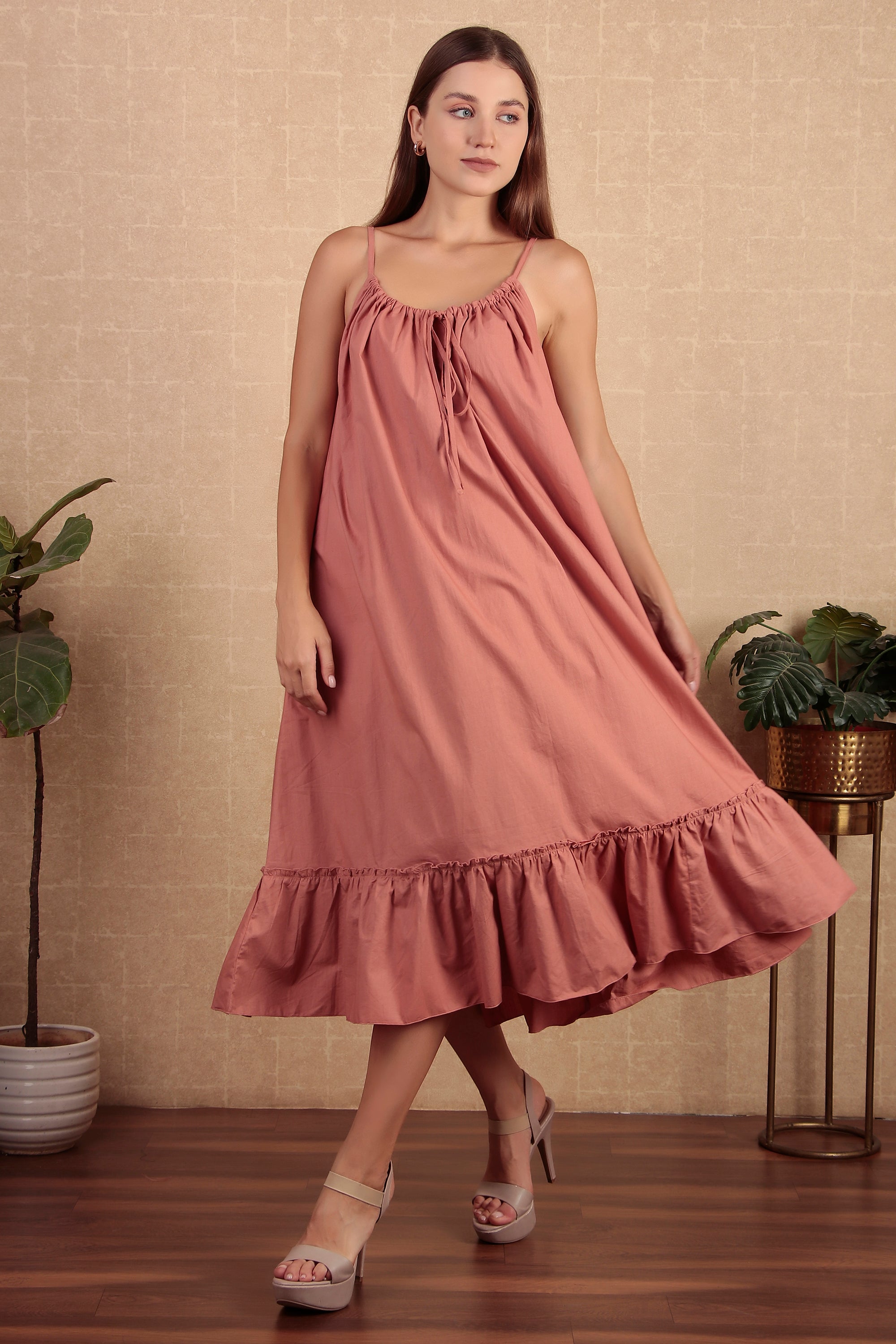 Rose Pink Gathered Flared Dress