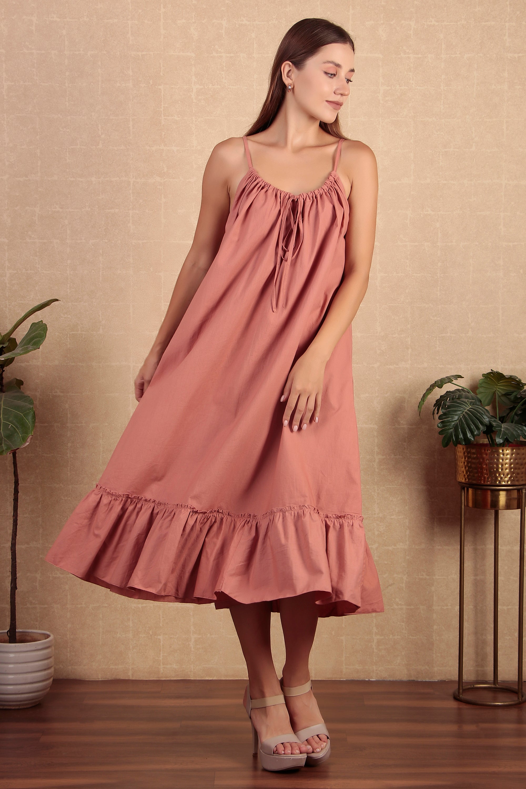 Rose Pink Gathered Flared Dress