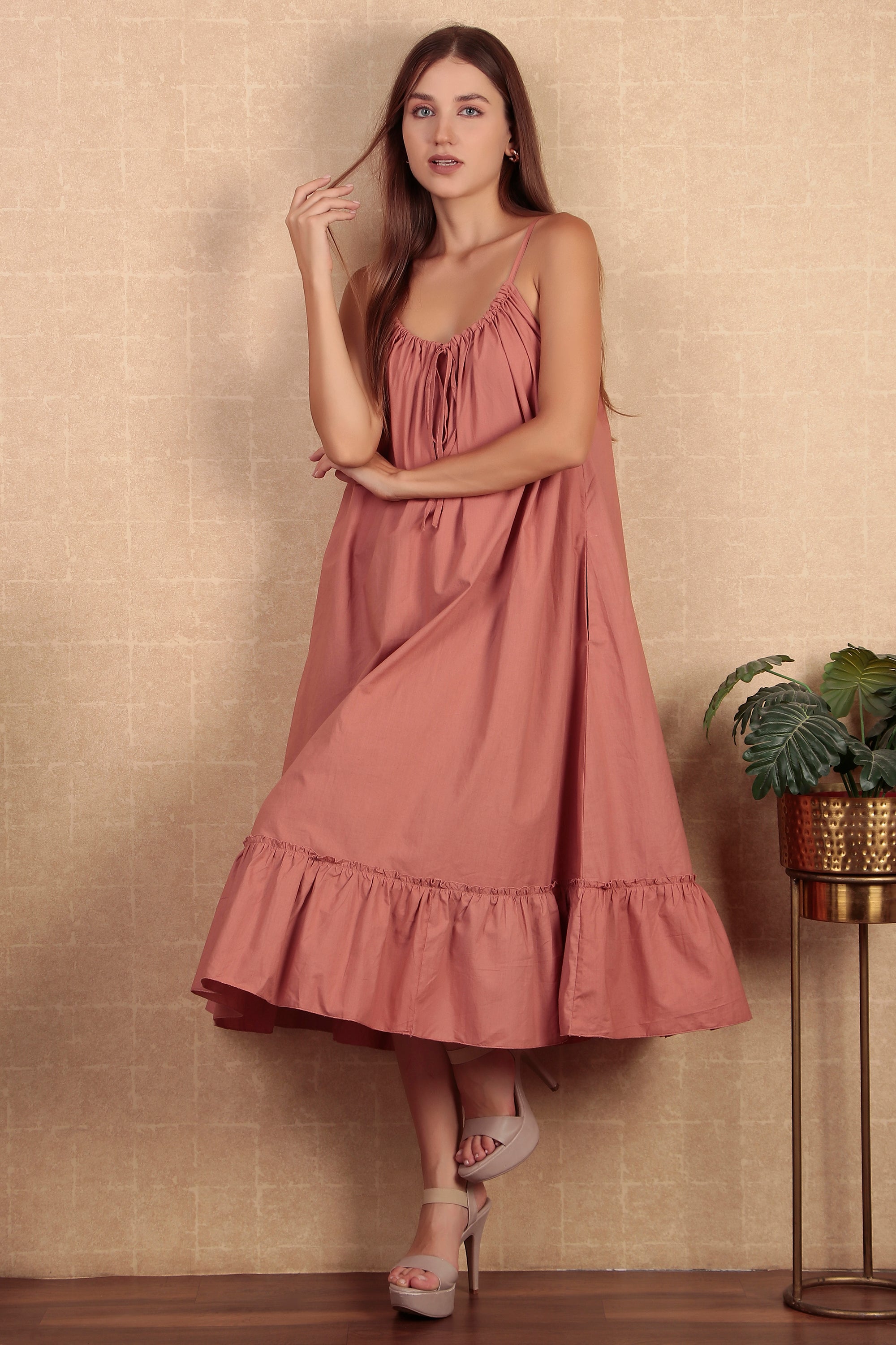 Rose Pink Gathered Flared Dress