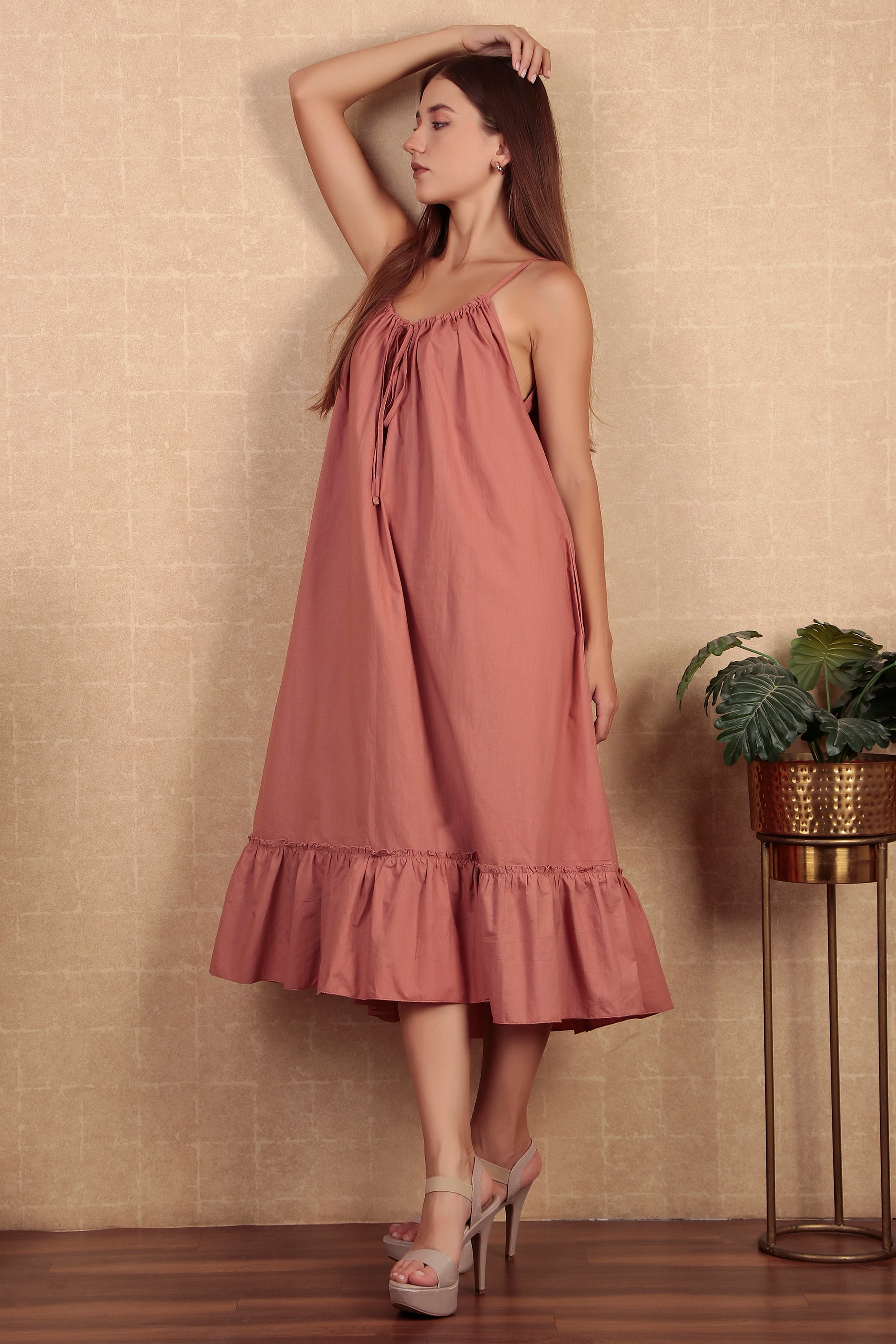 Rose Pink Gathered Flared Dress