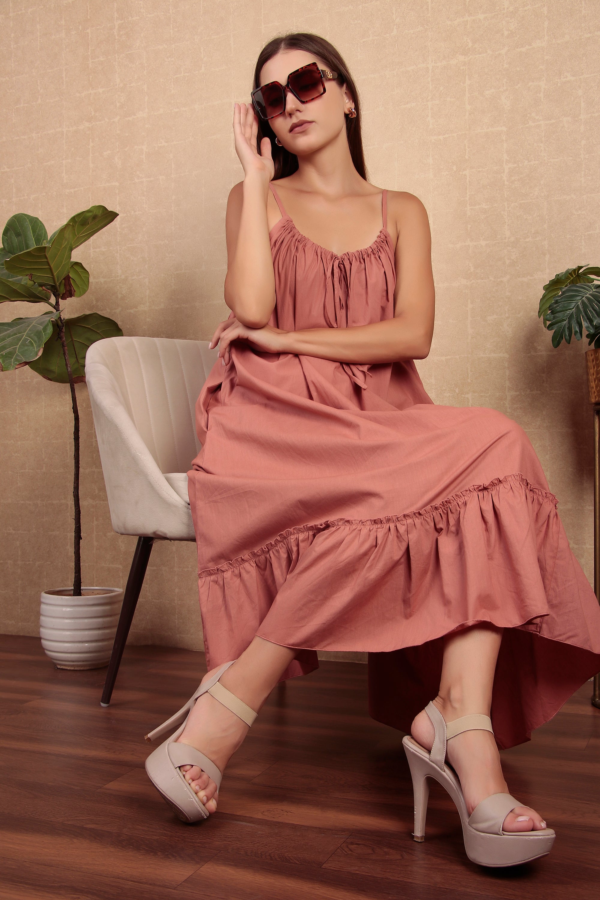 Rose Pink Gathered Flared Dress