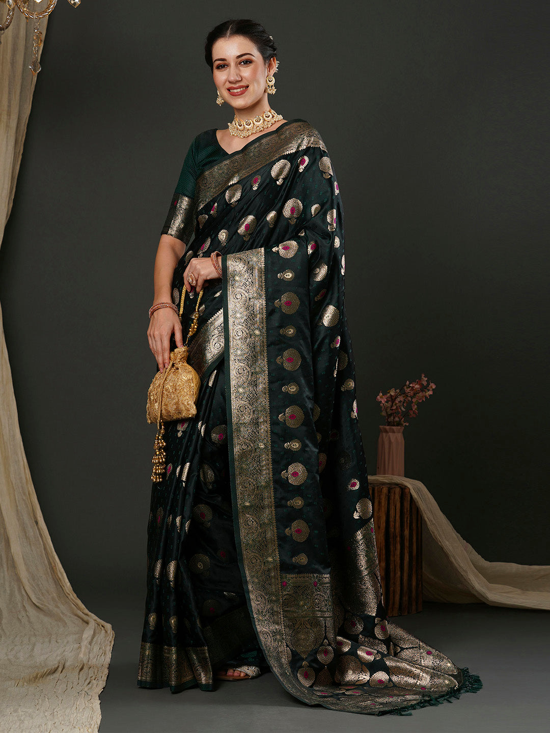 Silk Blend Green Woven Design Designer Saree With Blouse