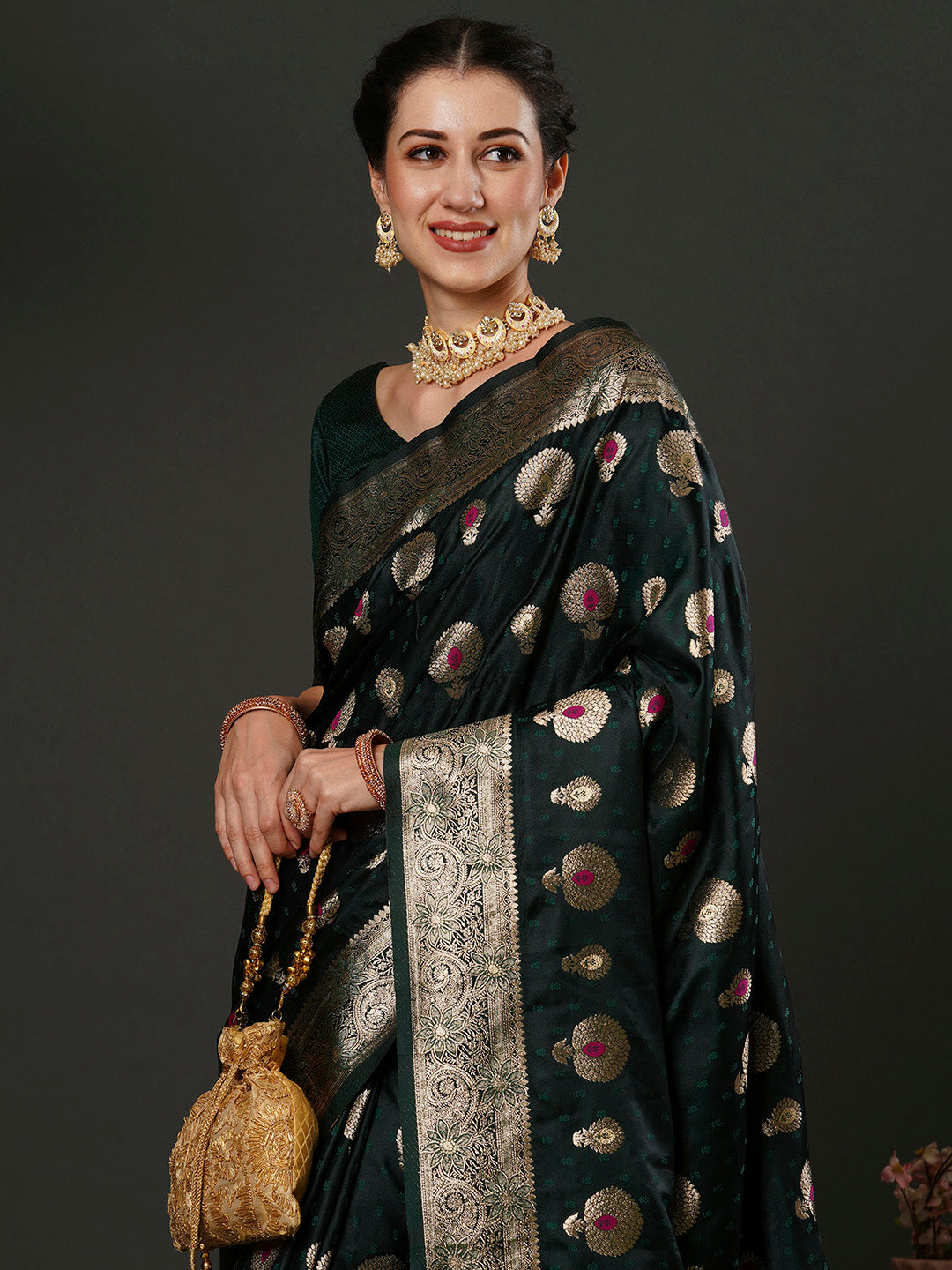 Silk Blend Green Woven Design Designer Saree With Blouse