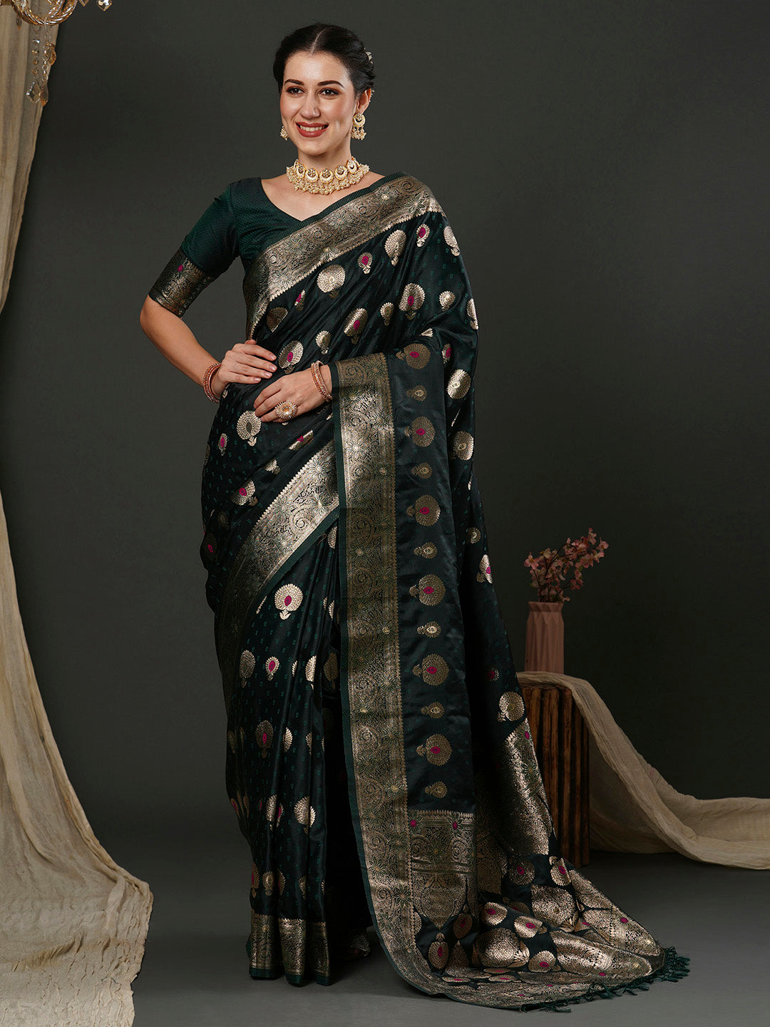 Silk Blend Green Woven Design Designer Saree With Blouse