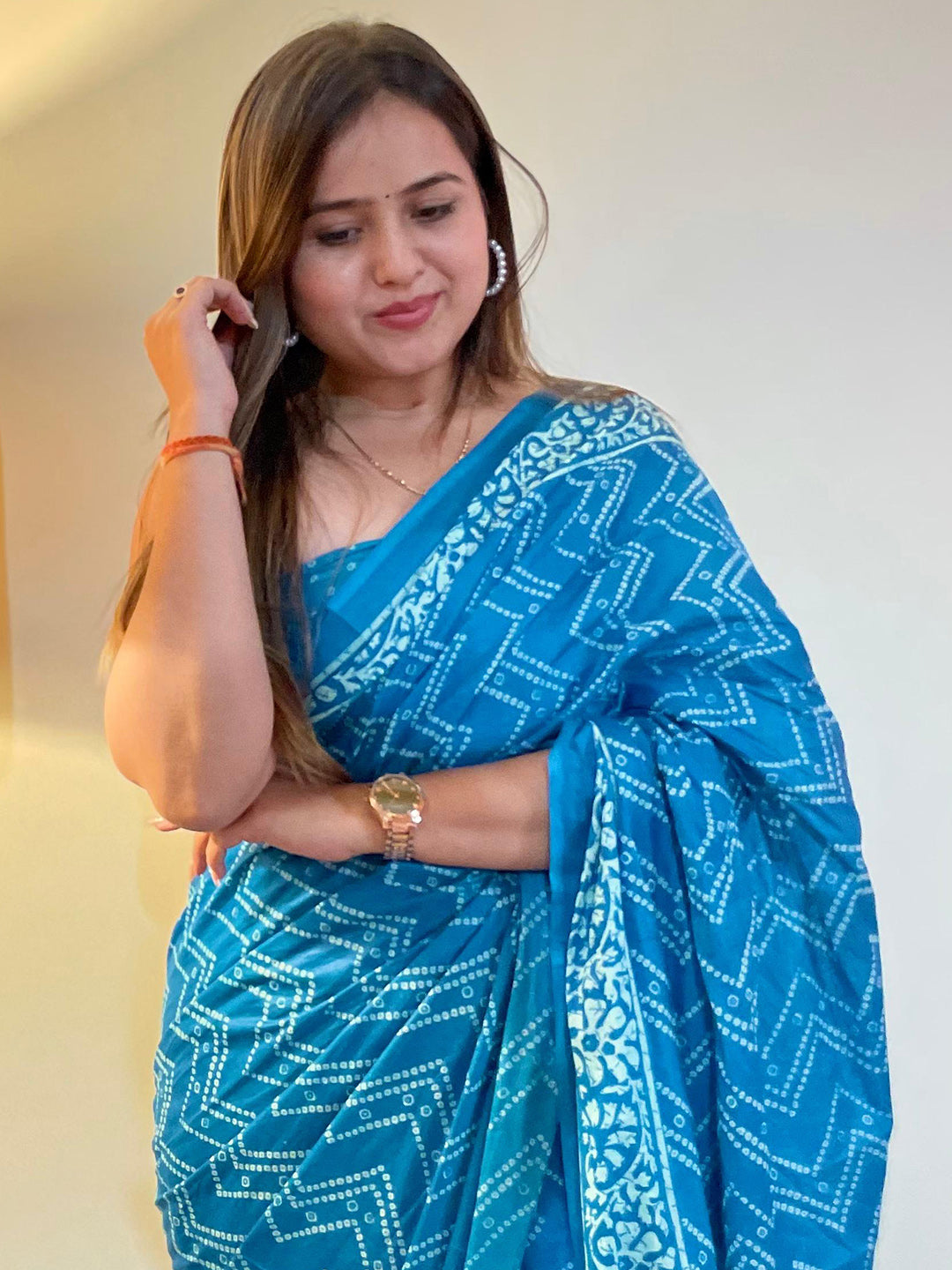Cotton Blue Printed Designer Saree With Blouse
