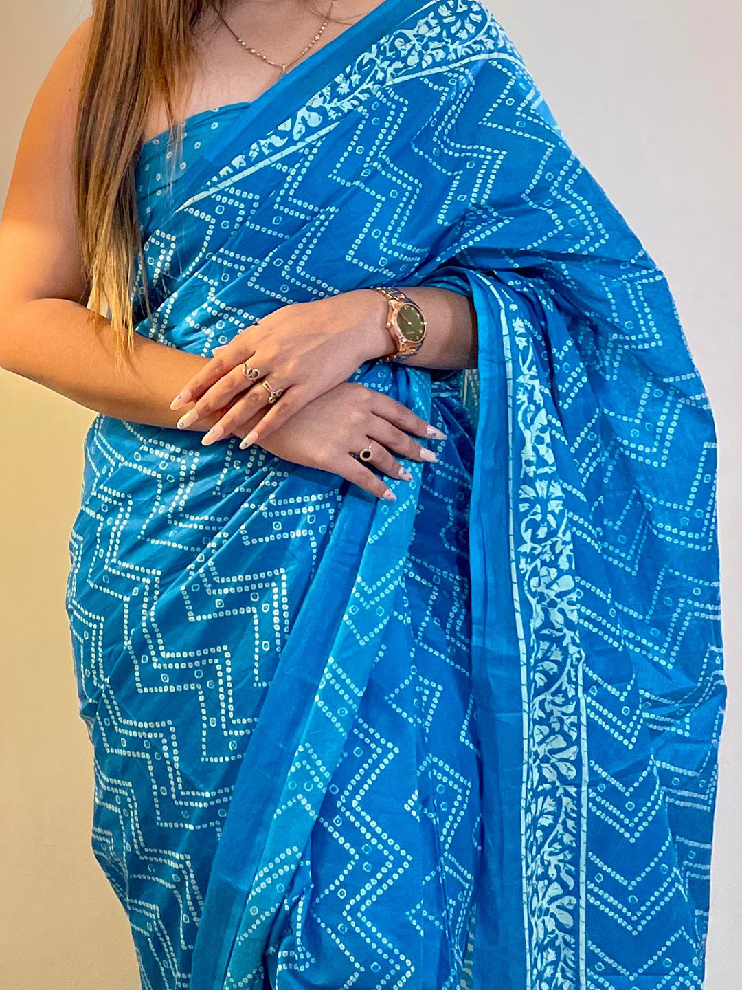 Cotton Blue Printed Designer Saree With Blouse