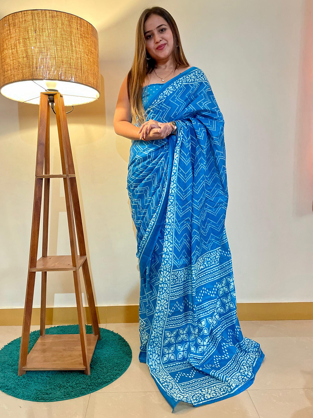 Cotton Blue Printed Designer Saree With Blouse