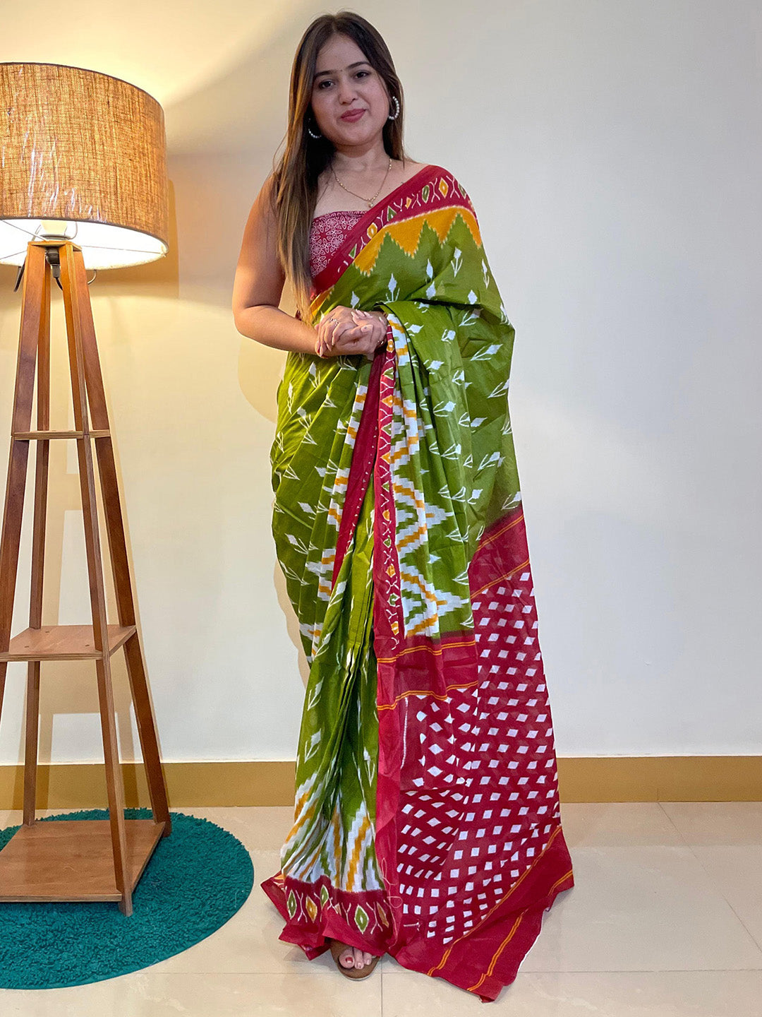 Cotton Green Printed Designer Saree With Blouse