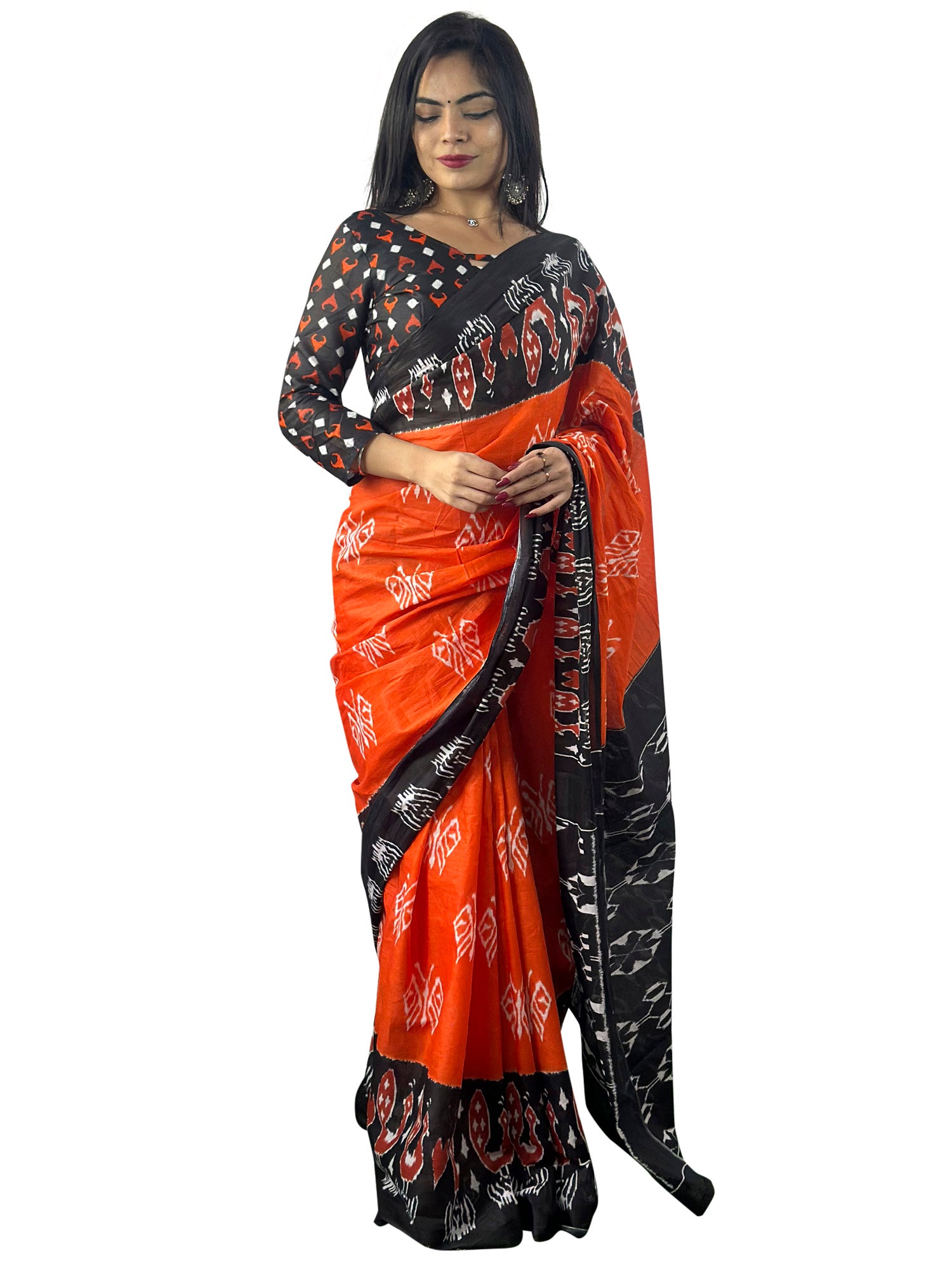 Cotton Orange Printed Designer Saree With Blouse